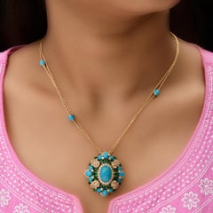 Autentico Turchese da 14,44Tcw Smeraldo Diamante Catena Collana in oro massiccio 14K