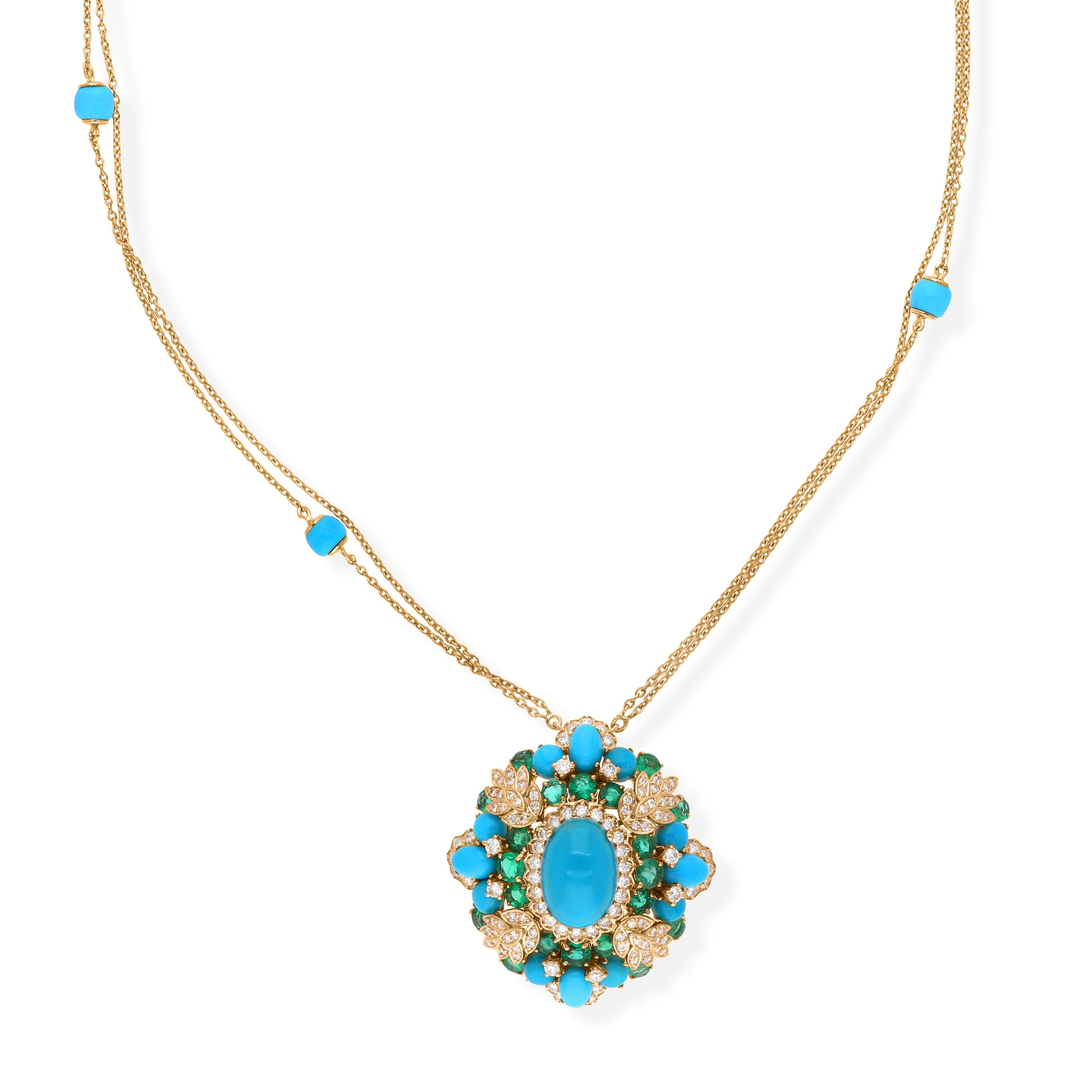 Echte 14,44 Tcw Türkis Smaragd Diamant Kette Anhänger Halskette 18K Solid Gold (Gemischter Schliff) im Angebot