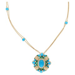 Véritable 14.44Tcw Turquoise Emerald Diamond Chain Pendant Necklace 18K Solid Gold