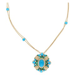 Genuine 14.4Tcw Turquoise Emerald Diamond Chain Pendant Necklace 18K Yellow Gold