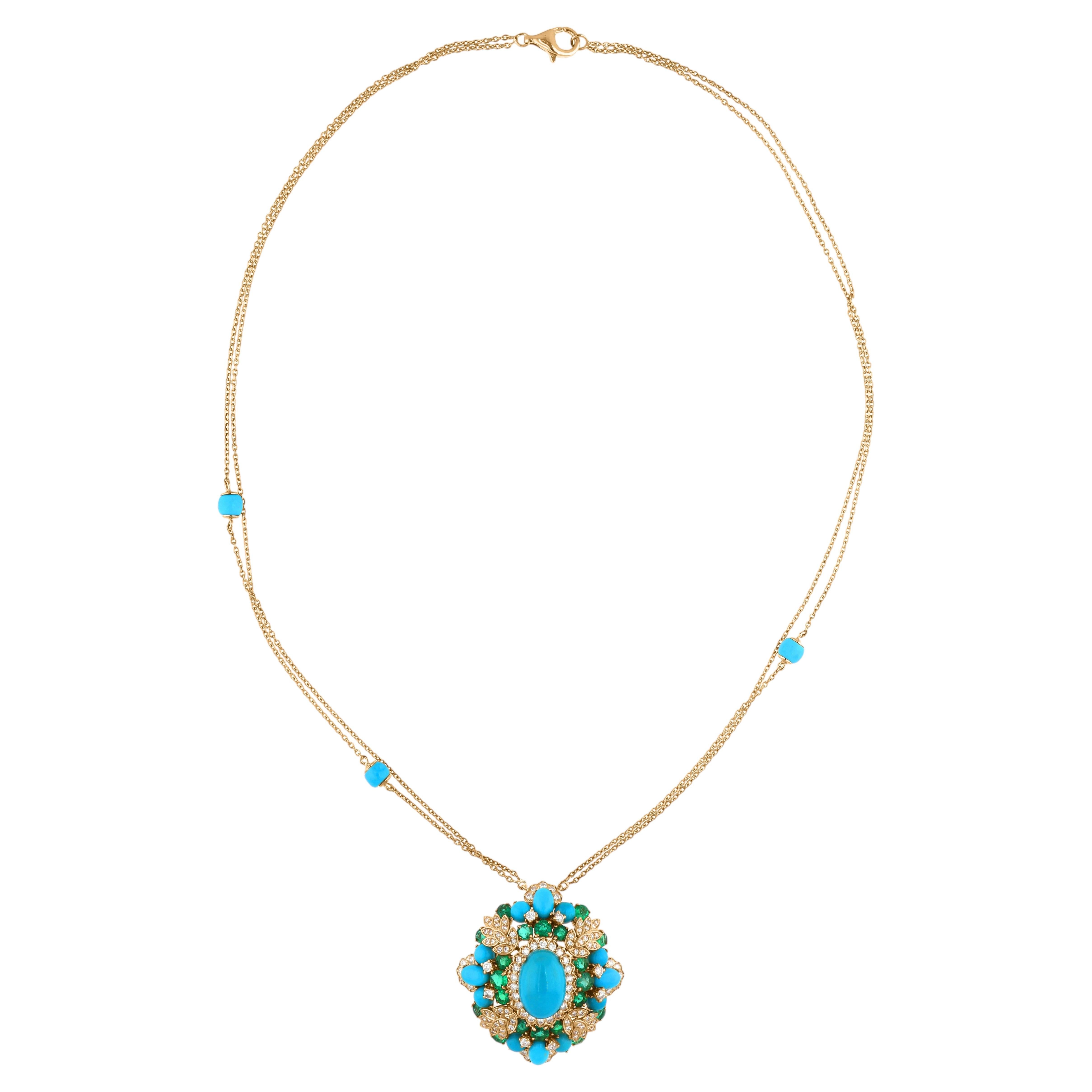 Genuine 14.4Tcw Turquoise Emerald Diamond Chain Pendant Necklace 18K Yellow Gold