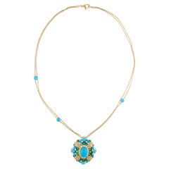 Genuine 14.4Tcw Turquoise Emerald Diamond Chain Pendant Necklace 18K Yellow Gold