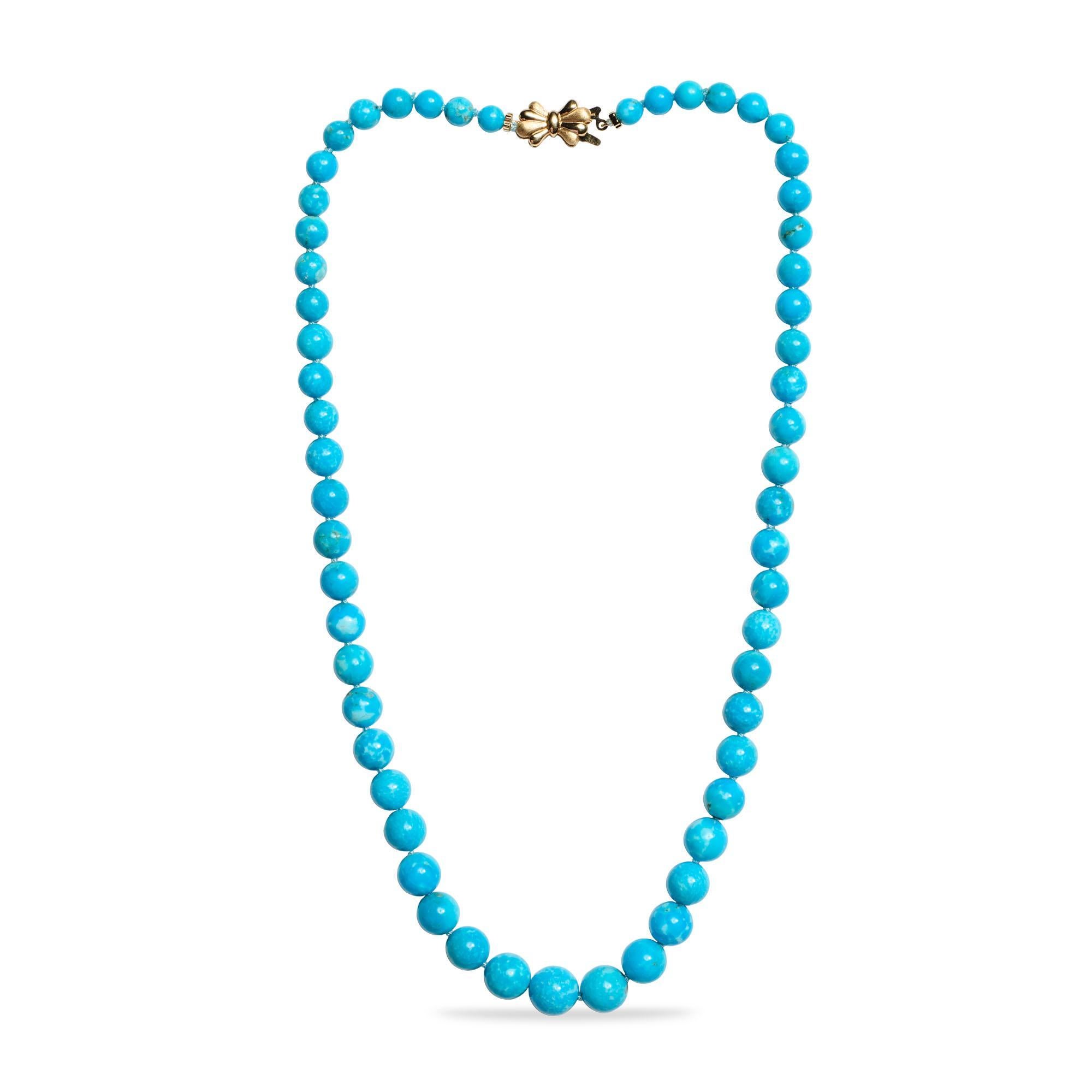 Modern Genuine 170 Carat Estate Sleeping Beauty Turquoise Bead Yellow Gold Necklace