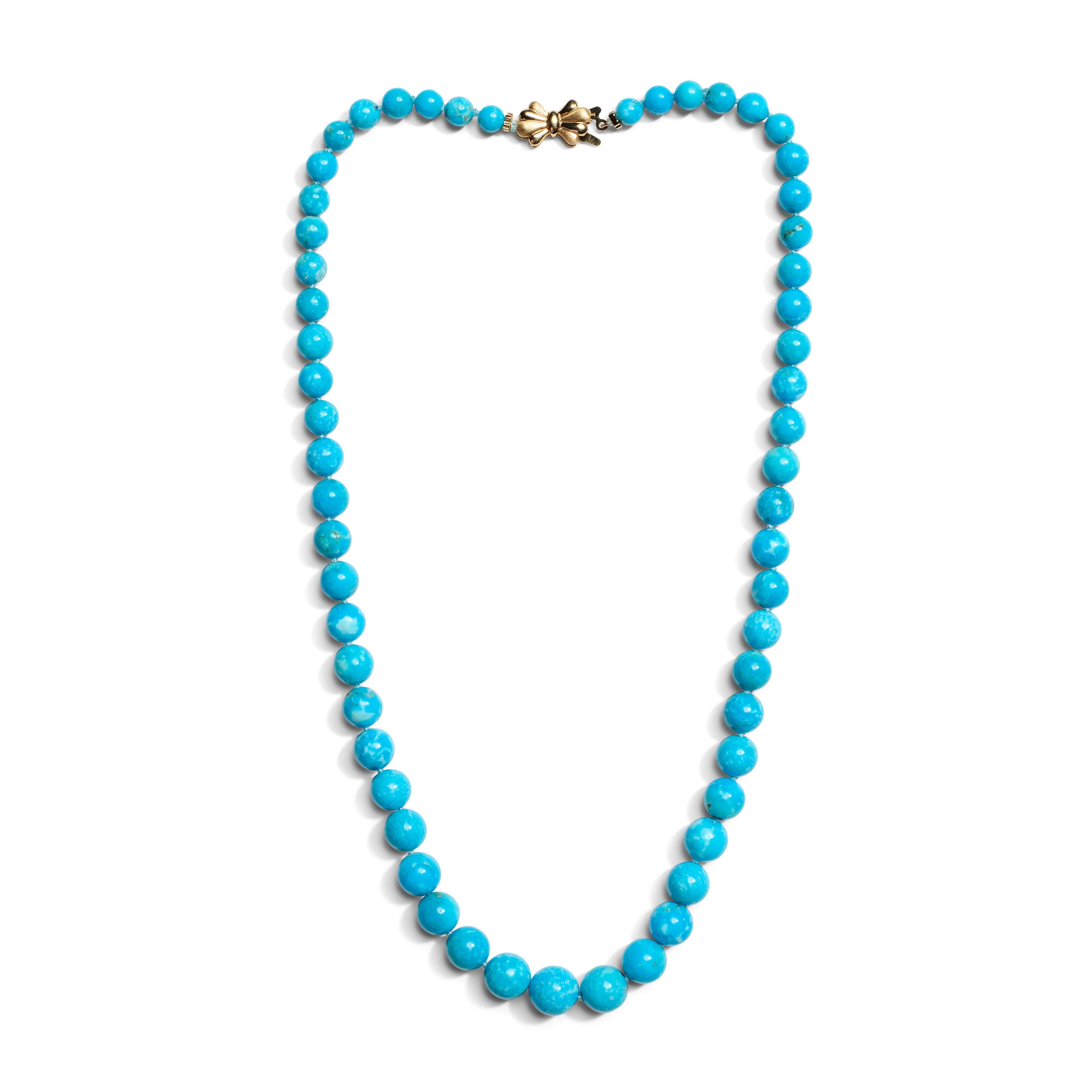 Ball Cut Genuine 170 Carat Estate Sleeping Beauty Turquoise Bead Yellow Gold Necklace
