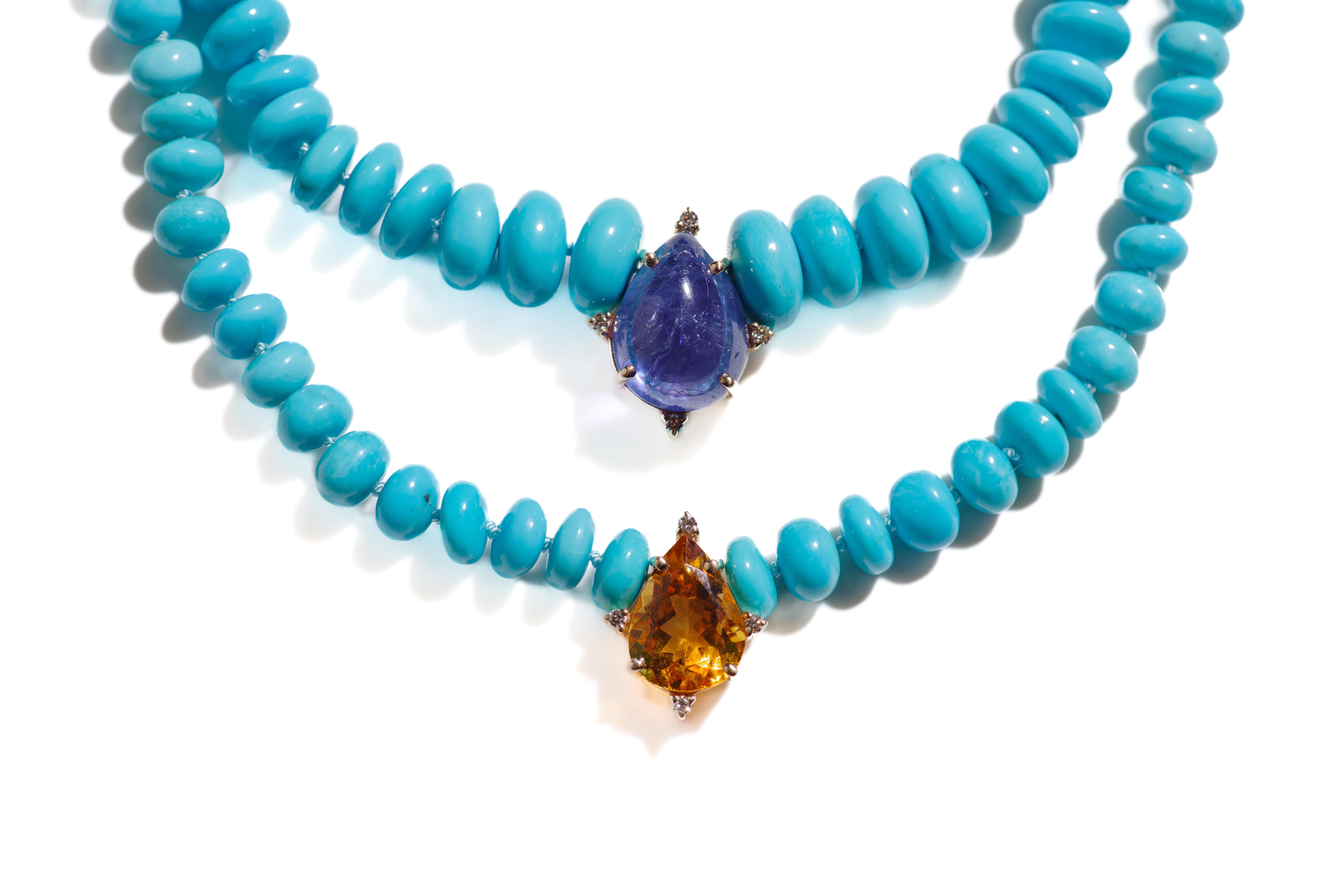 Bead Genuine 170 Carat Sleeping Beauty Turquoise, Tanzanite and Diamonds Necklace For Sale
