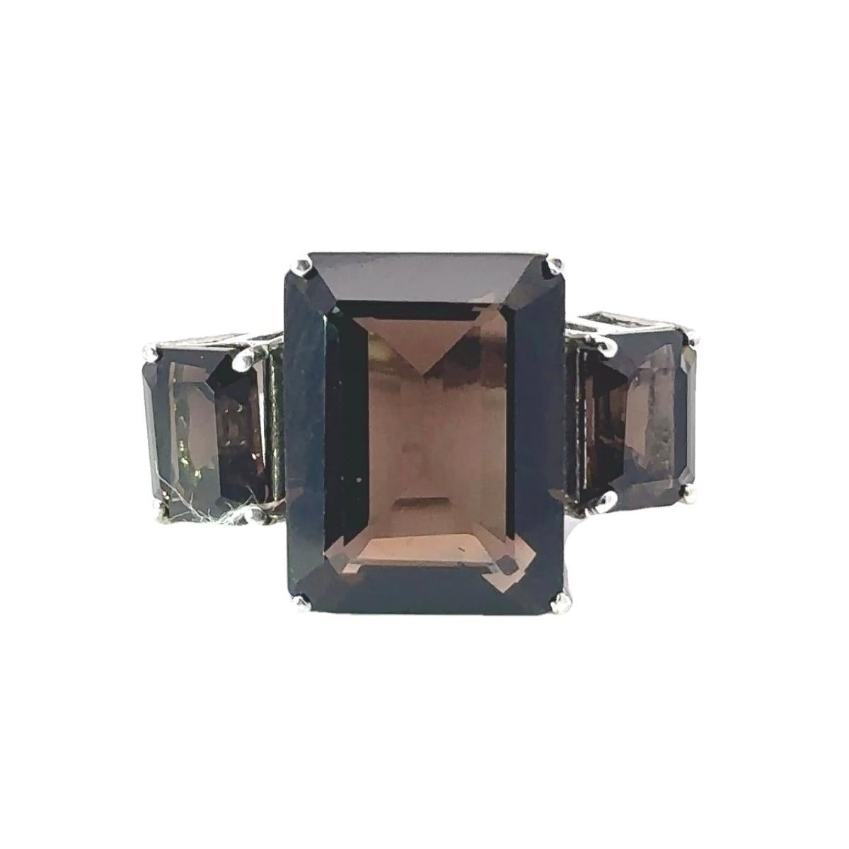 For Sale:  Genuine 17.6 ct Smoky Topaz Three Stone Cocktail Ring in 925 Solid Silver 8