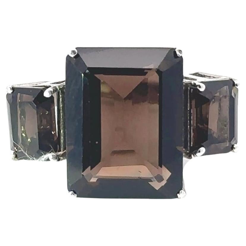 For Sale:  Genuine 17.6 ct Smoky Topaz Three Stone Cocktail Ring in 925 Solid Silver