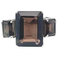 Anillo de cóctel de tres piedras con topacio ahumado auténtico de 17,6 ct en plata maciza 925