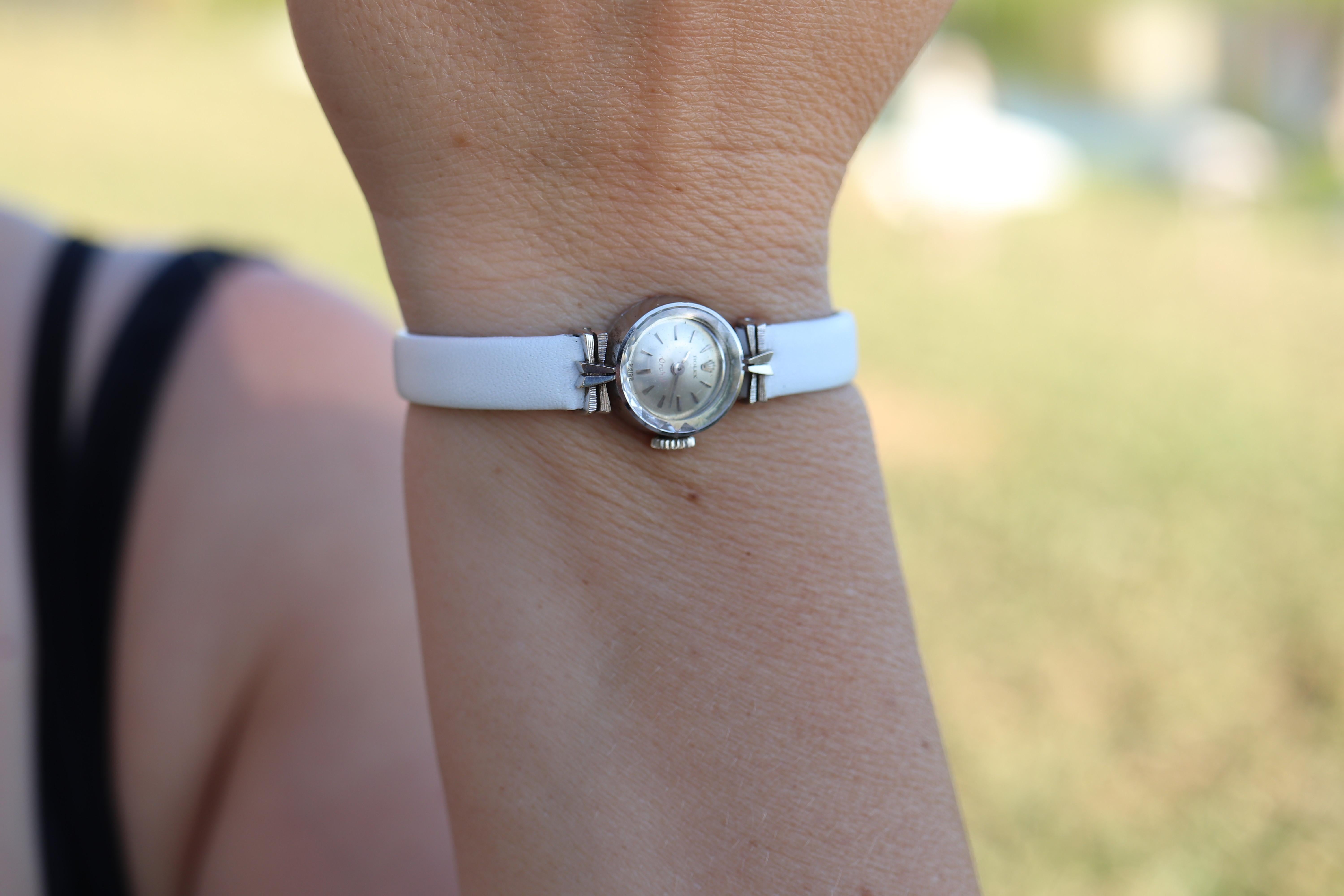Modern Genuine 18k Rolex Orchid Watch. 18k WG Ladies 2247 Dainty 1960s Ladies Rolex For Sale
