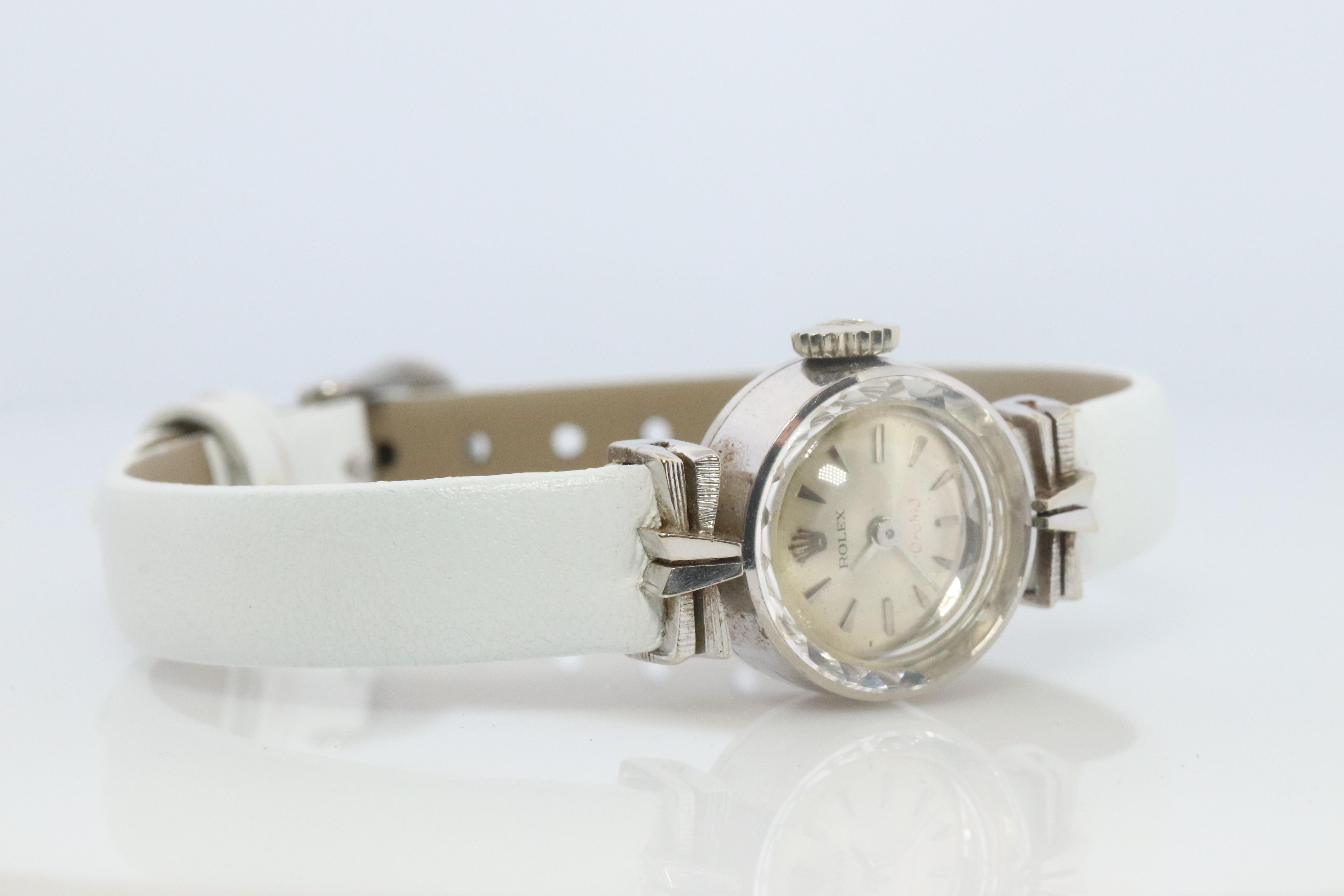 Women's Genuine 18k Rolex Orchid Watch. 18k WG Ladies 2247 Dainty 1960s Ladies Rolex For Sale