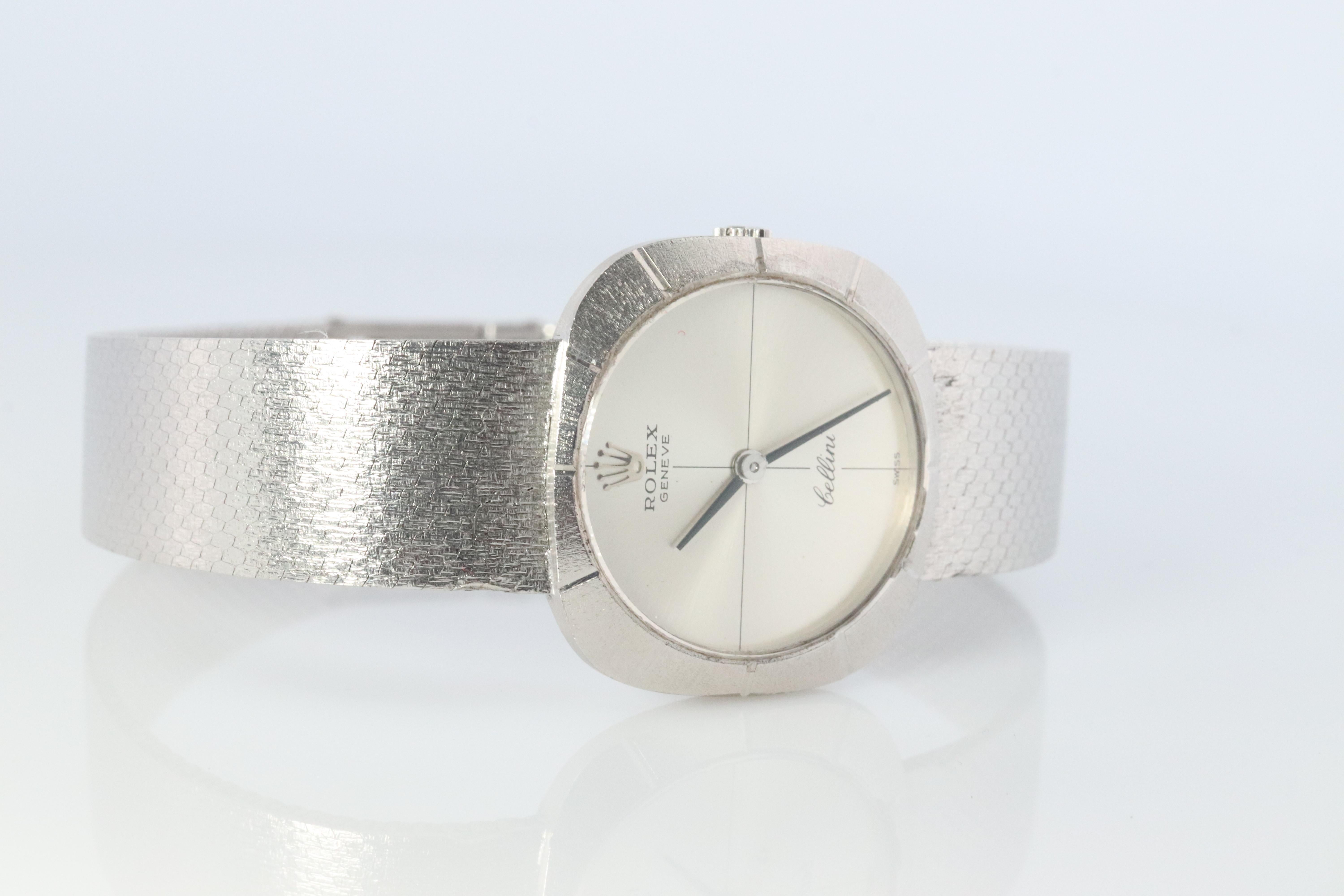18k Rolex Cellini Watch with attached Milanese Bracelet Stainless Steel.

1600 Caliber Rolex Movement Ref. 3808.

Movement just cleaned and serviced.

1970 Circa

Case Is 18k White Gold. Bracelet is Stainless Steel

Beautiful Watch. Manual Windup