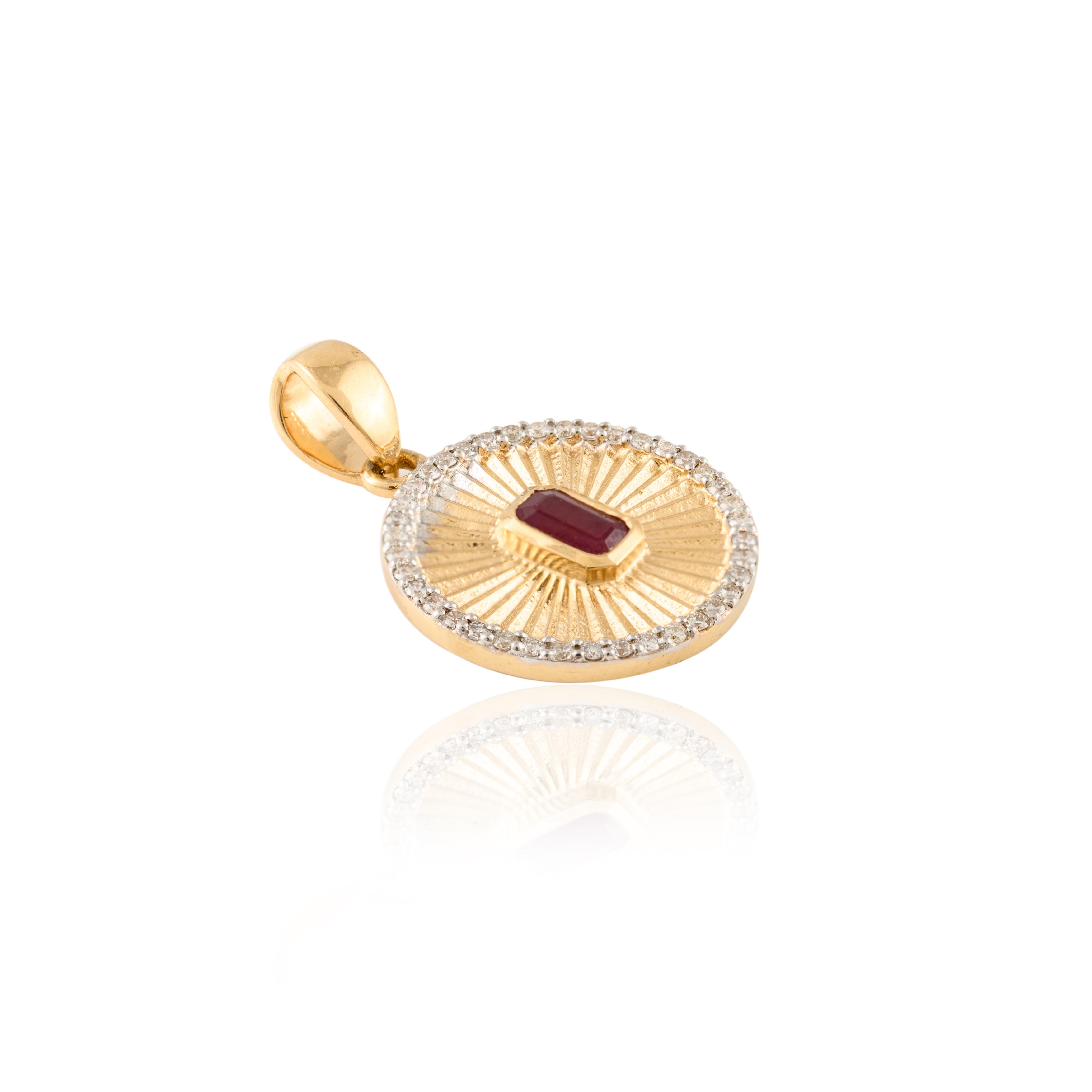 Octagon Cut Ruby Medallion Charm Pendant 18k Solid Yellow Gold, Gift For Her Christmas For Sale