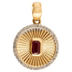 Genuine 18k Solid Yellow Gold Ruby Striped Round Medallion Charm Pendant 