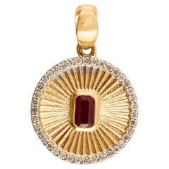 Genuine 18k Solid Yellow Gold Ruby Striped Round Medallion Charm Pendant