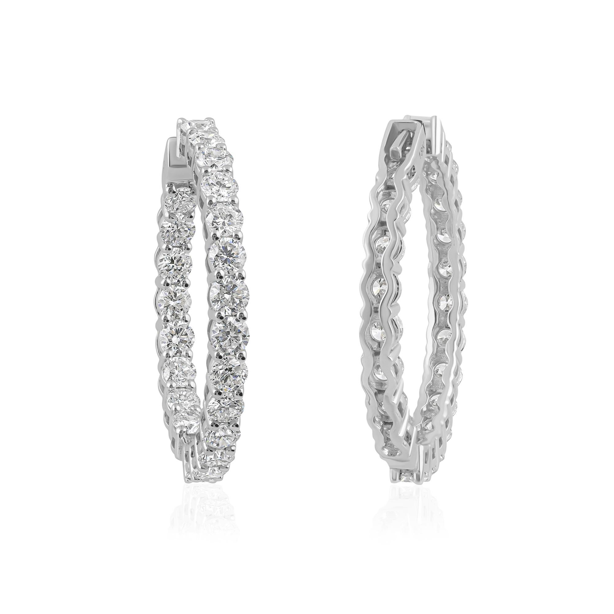 De las mujeres Pendientes de aro Huggies de oro blanco auténtico de 18 quilates y 3,21 quilates de diamantes redondos talla brillante en venta