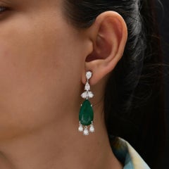 Genuine 20.13Ct Emerald Drop Earrings with Teardrop Diamonds 14k Gold Jewelry