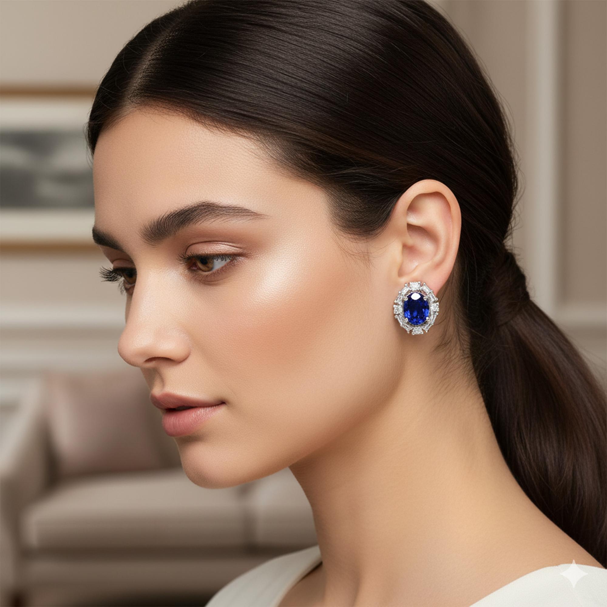 Art déco Véritable 2.05 CTW Oval Blue Sapphire Diamond Halo Stud Ears in 14k White Gold en vente