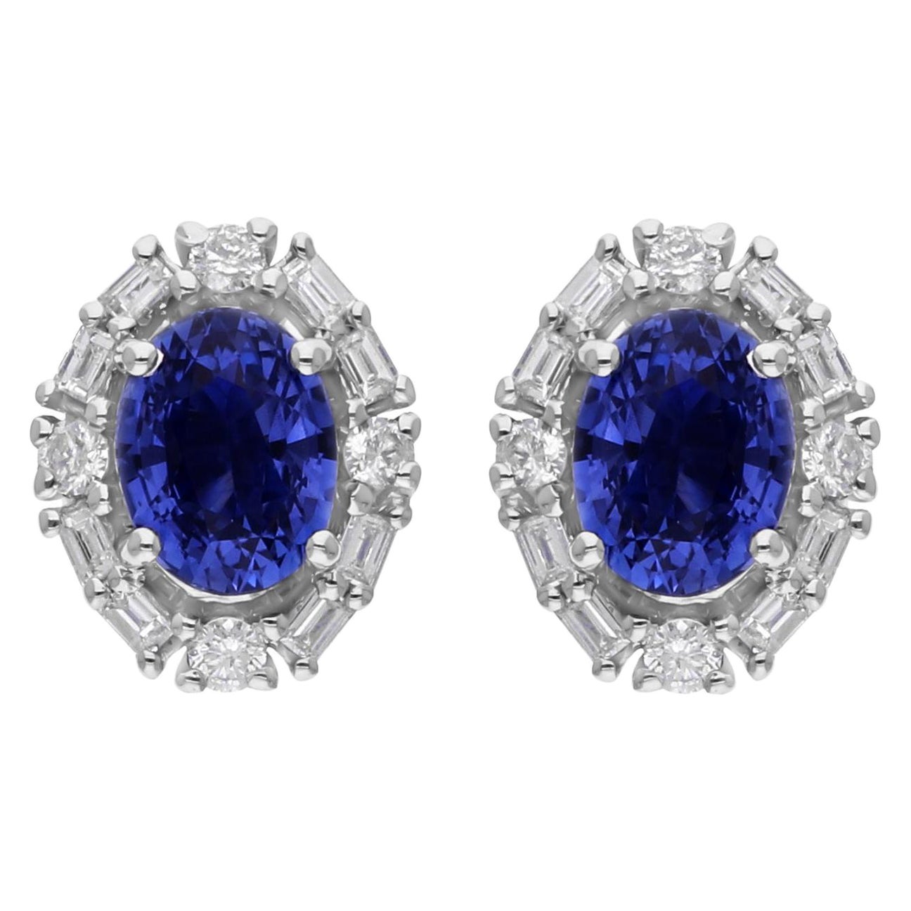 Genuine 2.05 CTW Oval Blue Sapphire Diamond Halo Stud Earrings in 14k White Gold For Sale