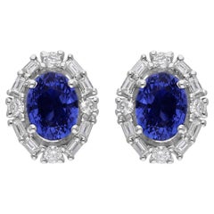 Autentici orecchini a perno con diamante e zaffiro blu ovale da 2,05 CTW in oro bianco 14k