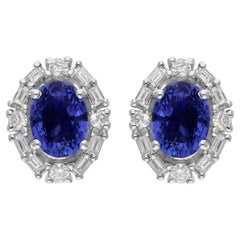 Genuine 2.05 CTW Oval Blue Sapphire Diamond Halo Stud Earrings in 18k White Gold