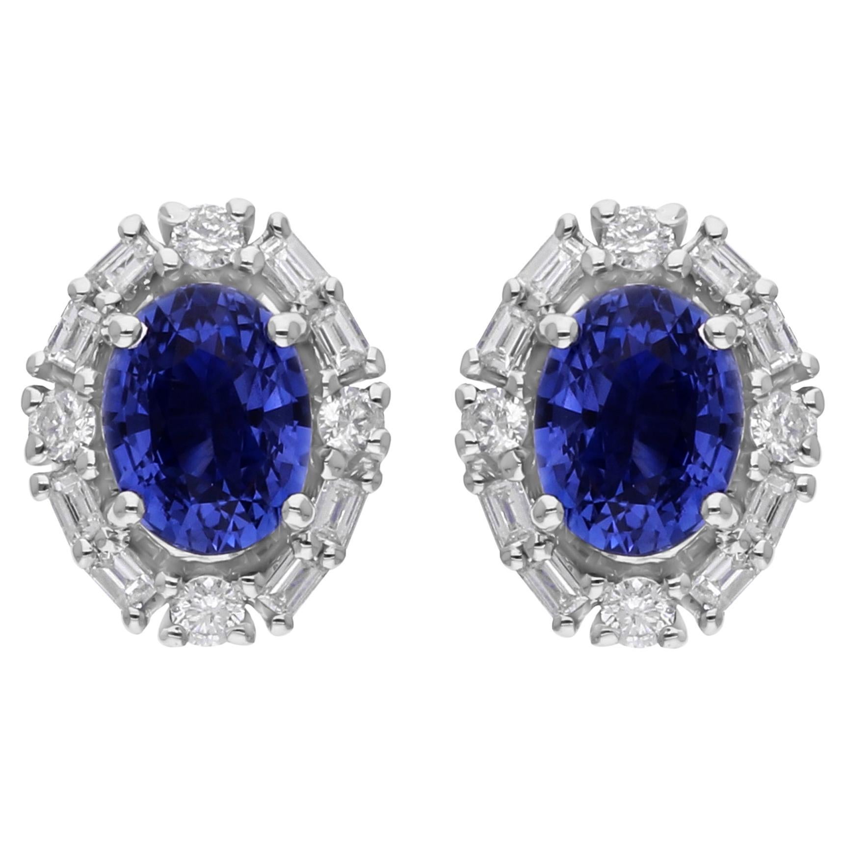 Genuine 2.05 CTW Oval Blue Sapphire Diamond Halo Stud Earrings in 18k White Gold