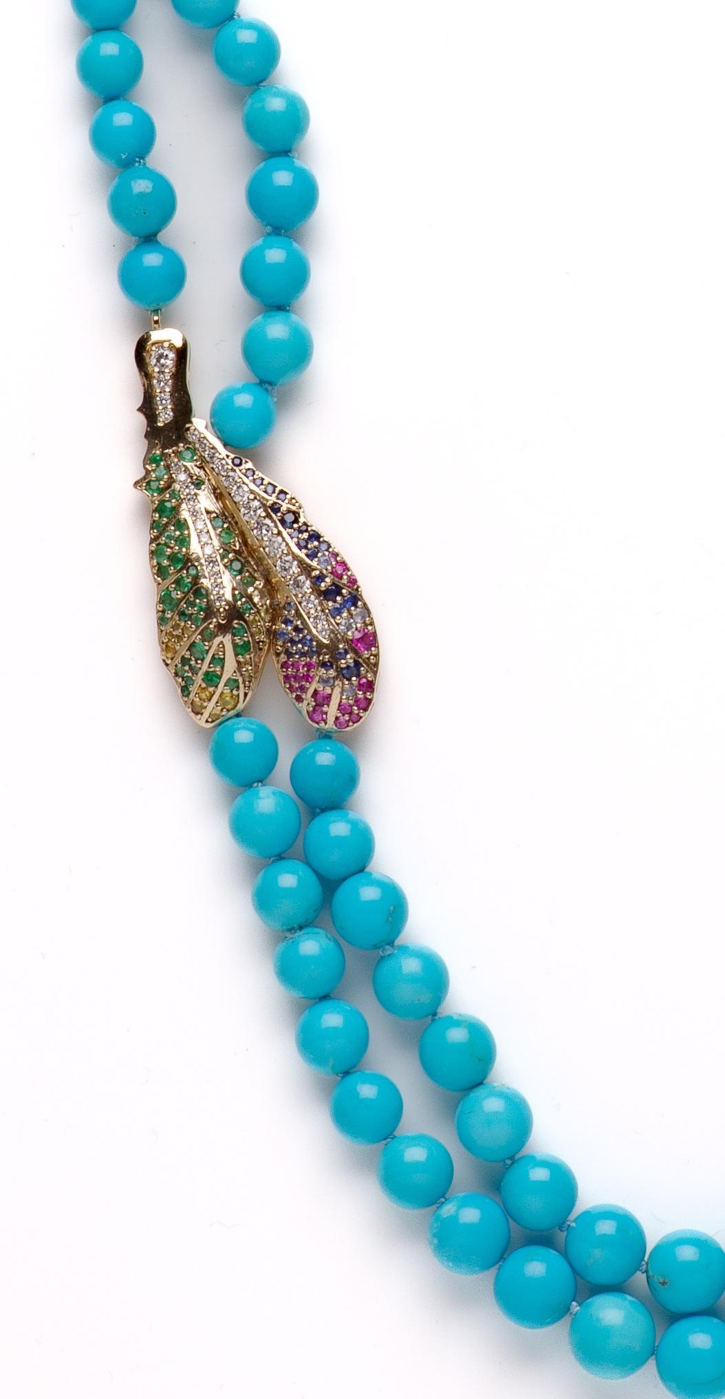 A regal double layered 21 inch long handcrafted necklace with extremely rare and pure Sleeping Beauty Turquoises. This necklace features genuine high grade Robinson Egg Blue turquoises from the sleeping beauty mine in Arizona, delicately strung