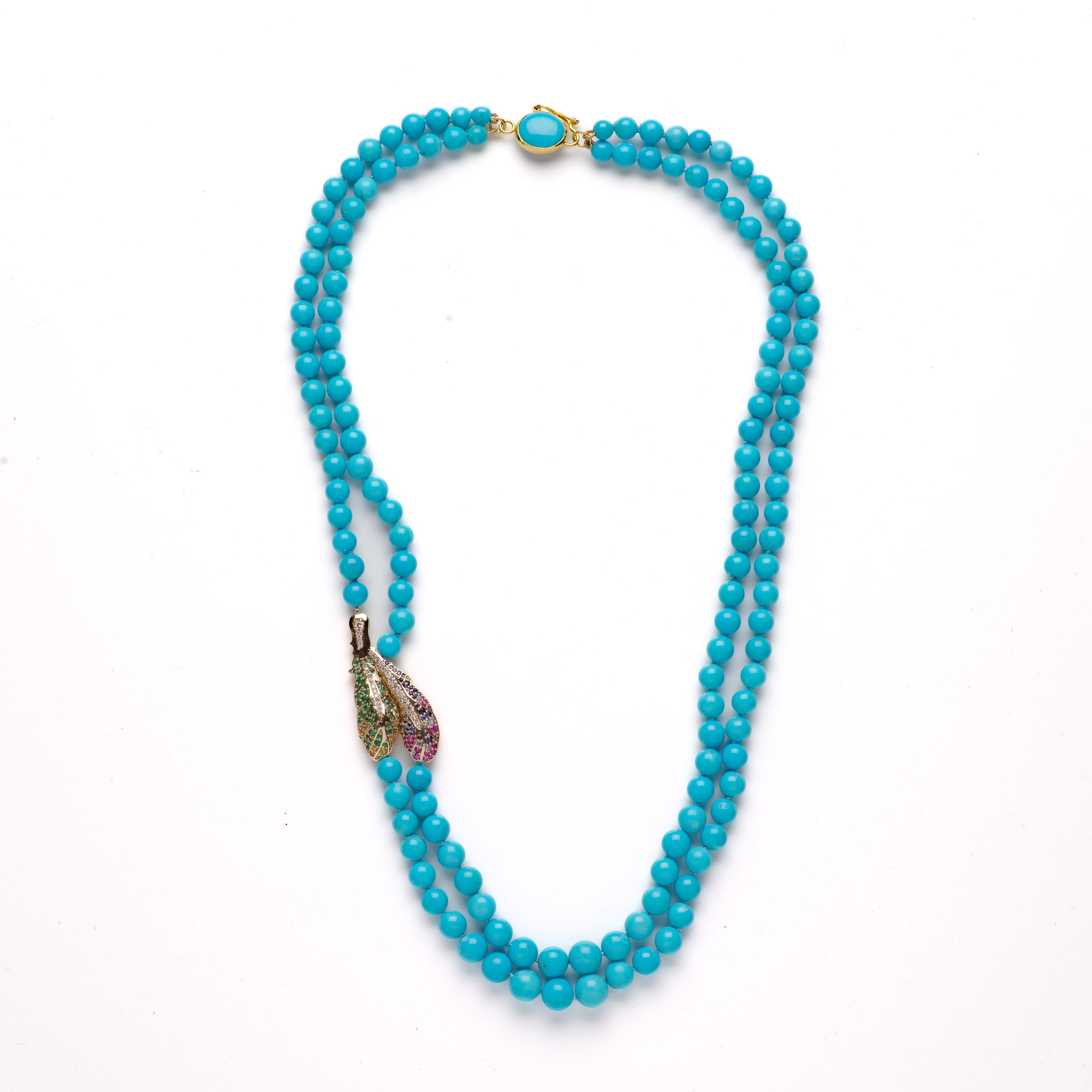 Bead Genuine 260 Carat Sleeping Beauty Turquoise Diamond & Sapphire Necklace For Sale