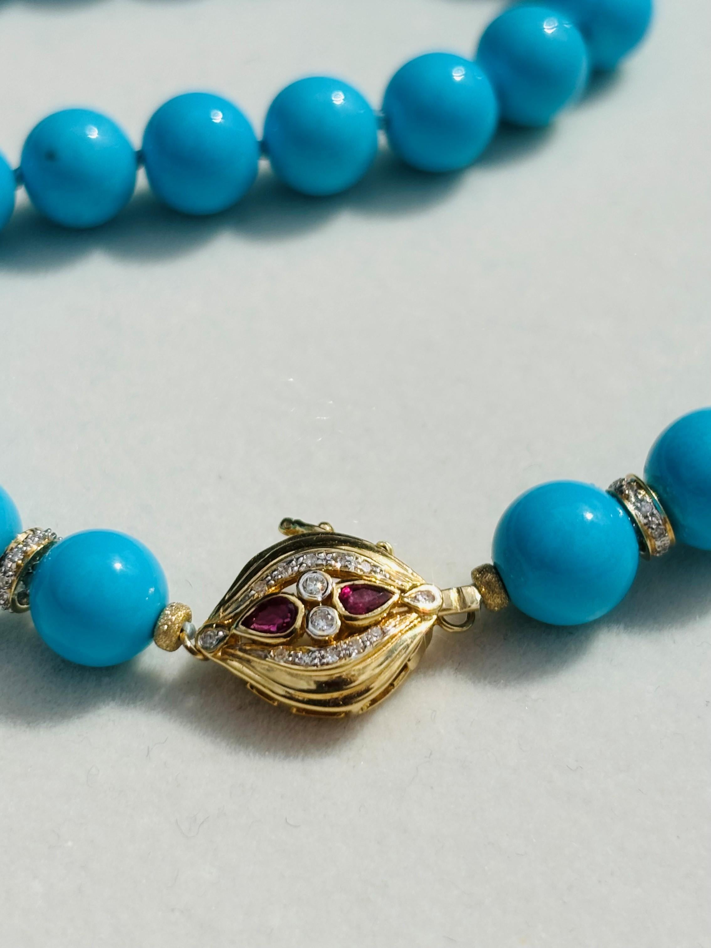 Modern Genuine 295 Carat Blue Sleeping Beauty Turquoise Diamond & Ruby Gold Necklace For Sale