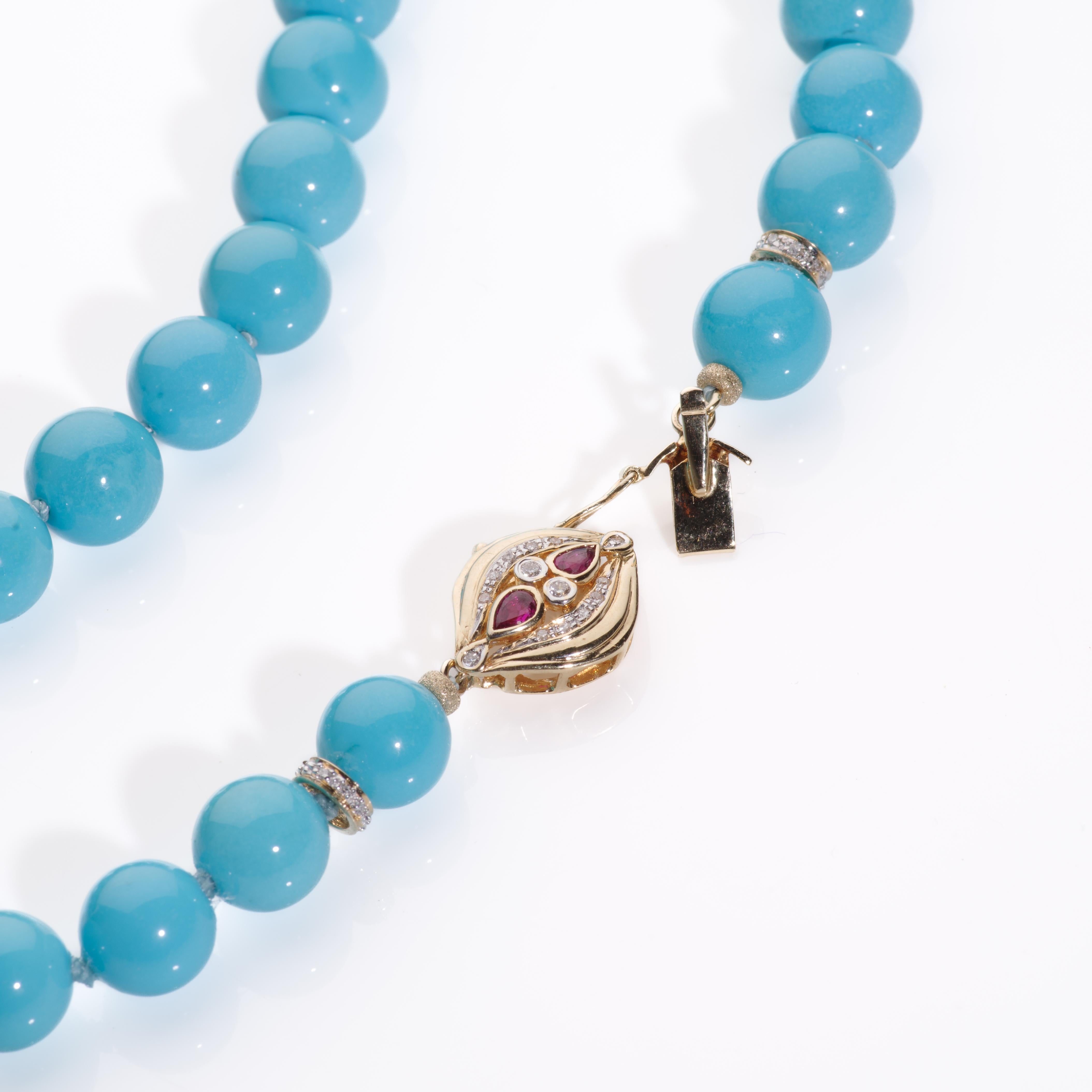 Ball Cut Genuine 295 Carat Blue Sleeping Beauty Turquoise Diamond & Ruby Gold Necklace For Sale