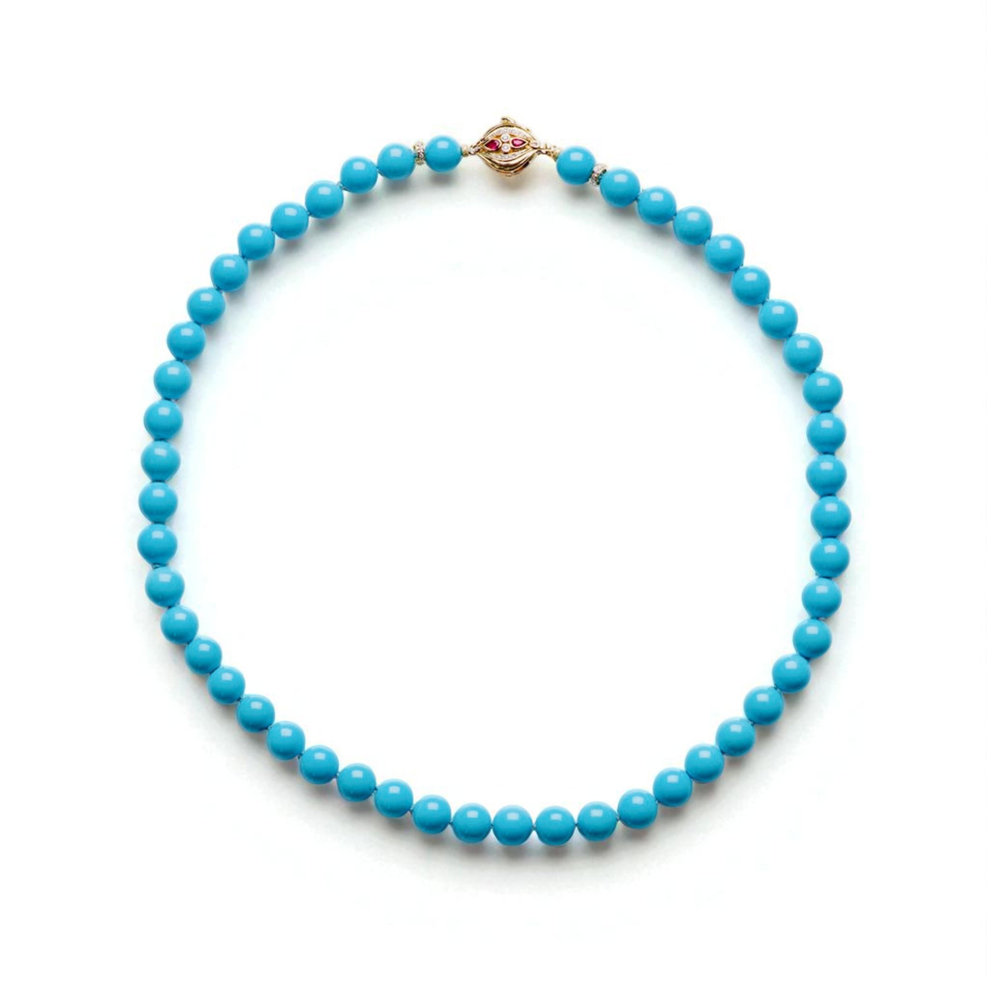 Genuine 295 Carat Blue Sleeping Beauty Turquoise Diamond & Ruby Gold Necklace In New Condition For Sale In GOES, NL