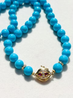 Genuine 295 Carat Blue Sleeping Beauty Turquoise Diamond & Ruby Gold Necklace