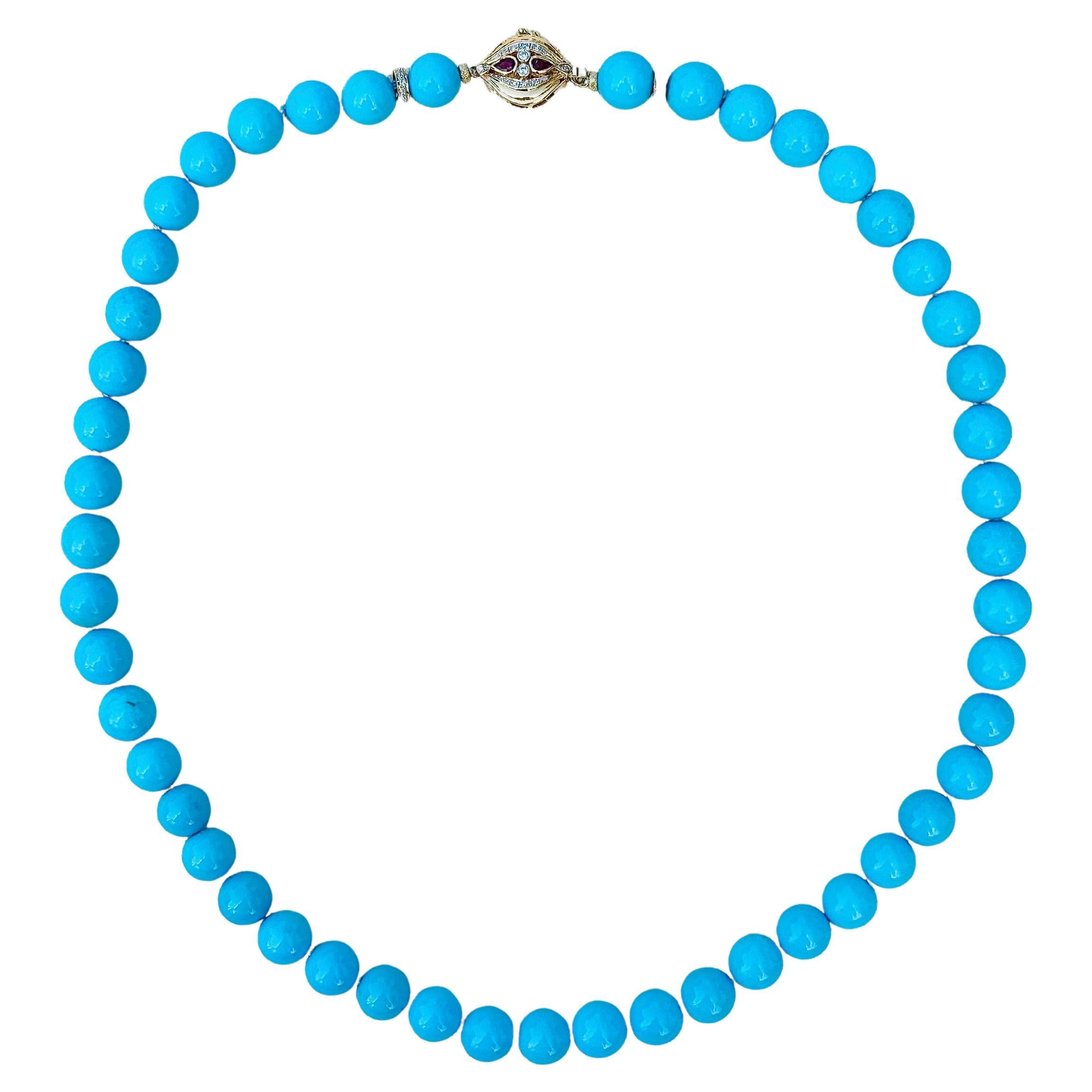 Collier en or véritable 295 carats turquoise bleue Sleeping Beauty Diamond & Ruby en vente