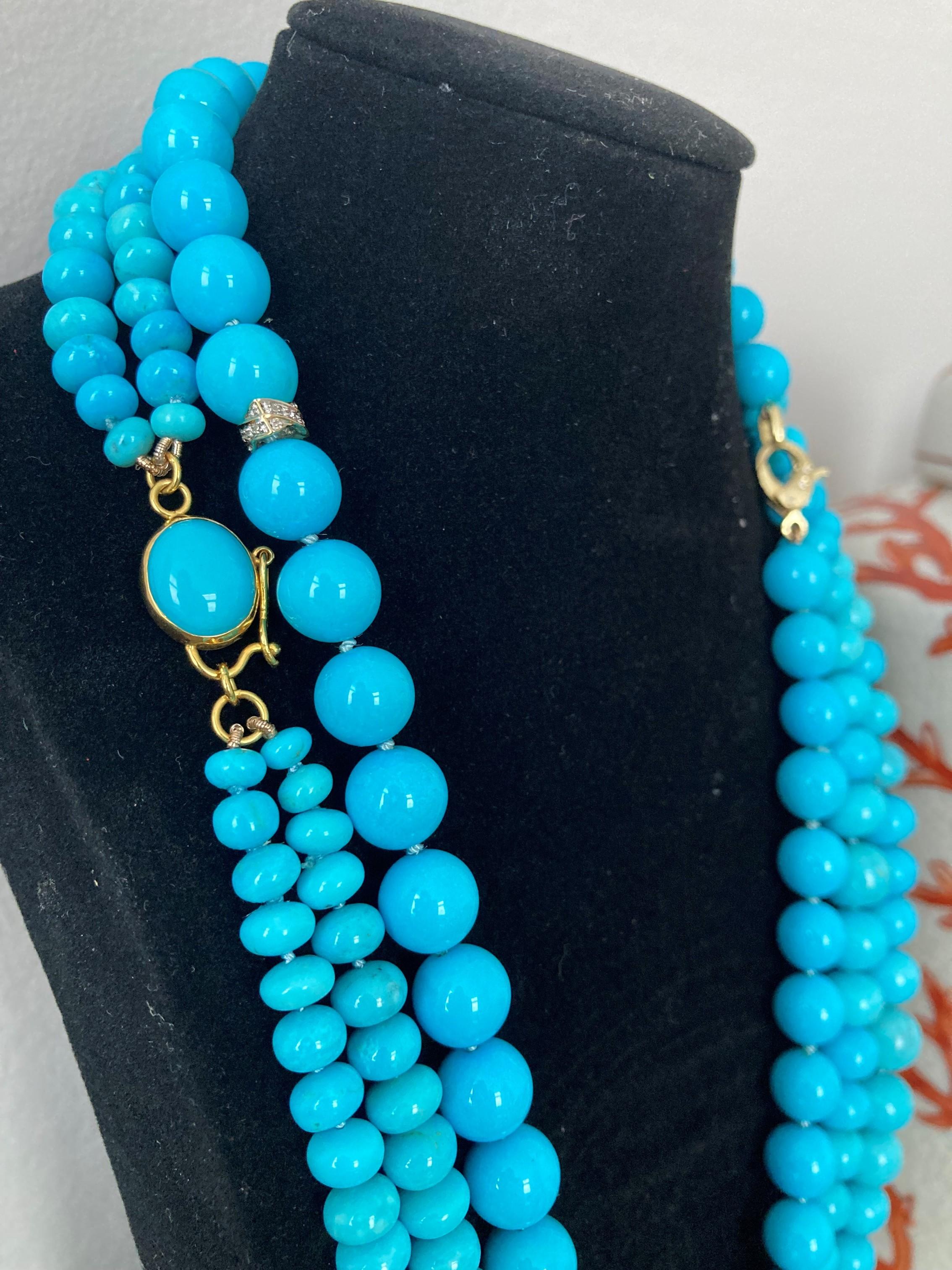 Modern Genuine 295 Carat Blue Sleeping Beauty Turquoise Diamond Yellow Gold Necklace For Sale