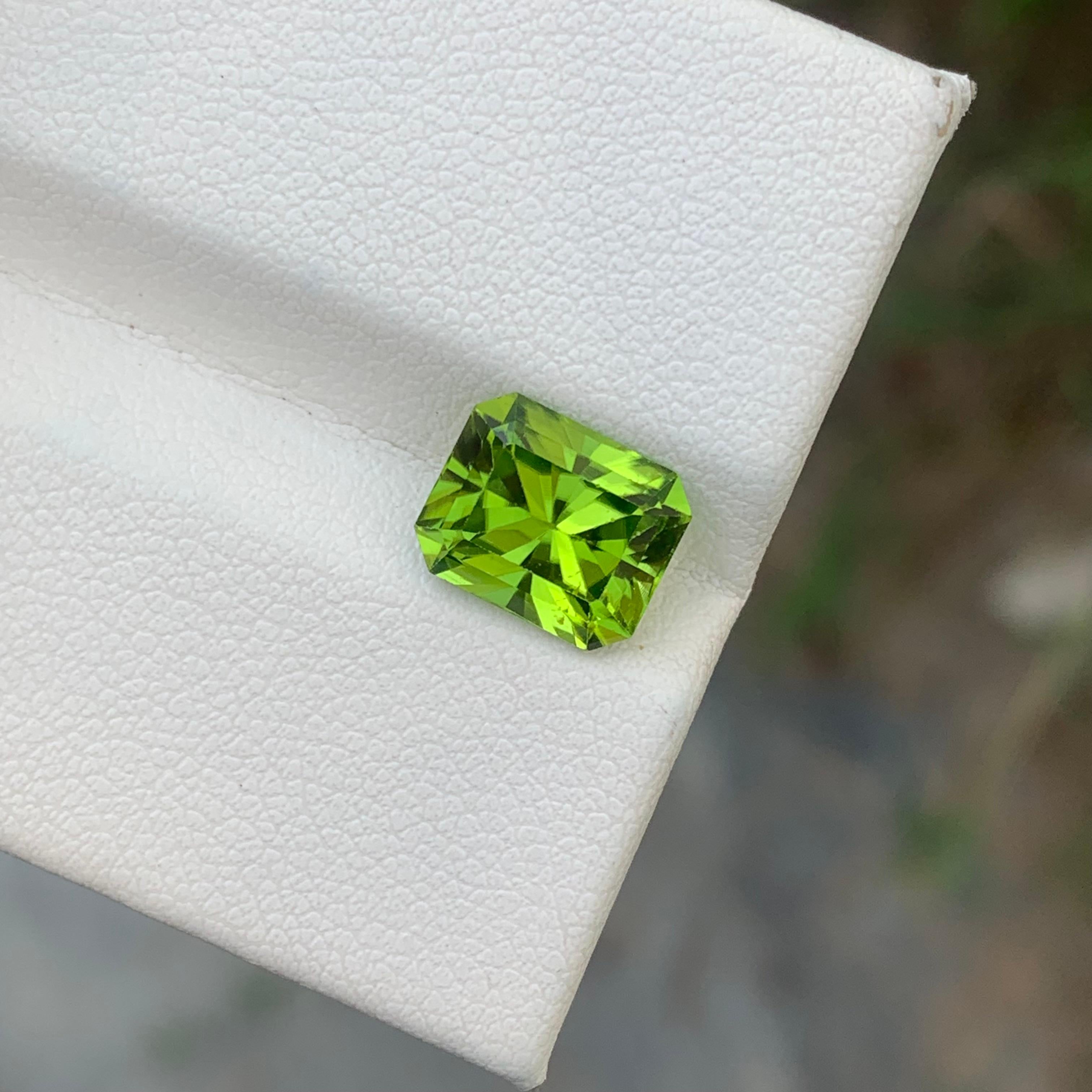 Faceted Peridot 
Weight: 3.35 Carats 
Dimension: 9.3x7.6x5.8 Mm
Origin: Supat Valley Pakistan 
Color: Green
Treatment: Non
Certificate: On Client Demand
Shape: Emerald 
Peridot, often referred to as the 