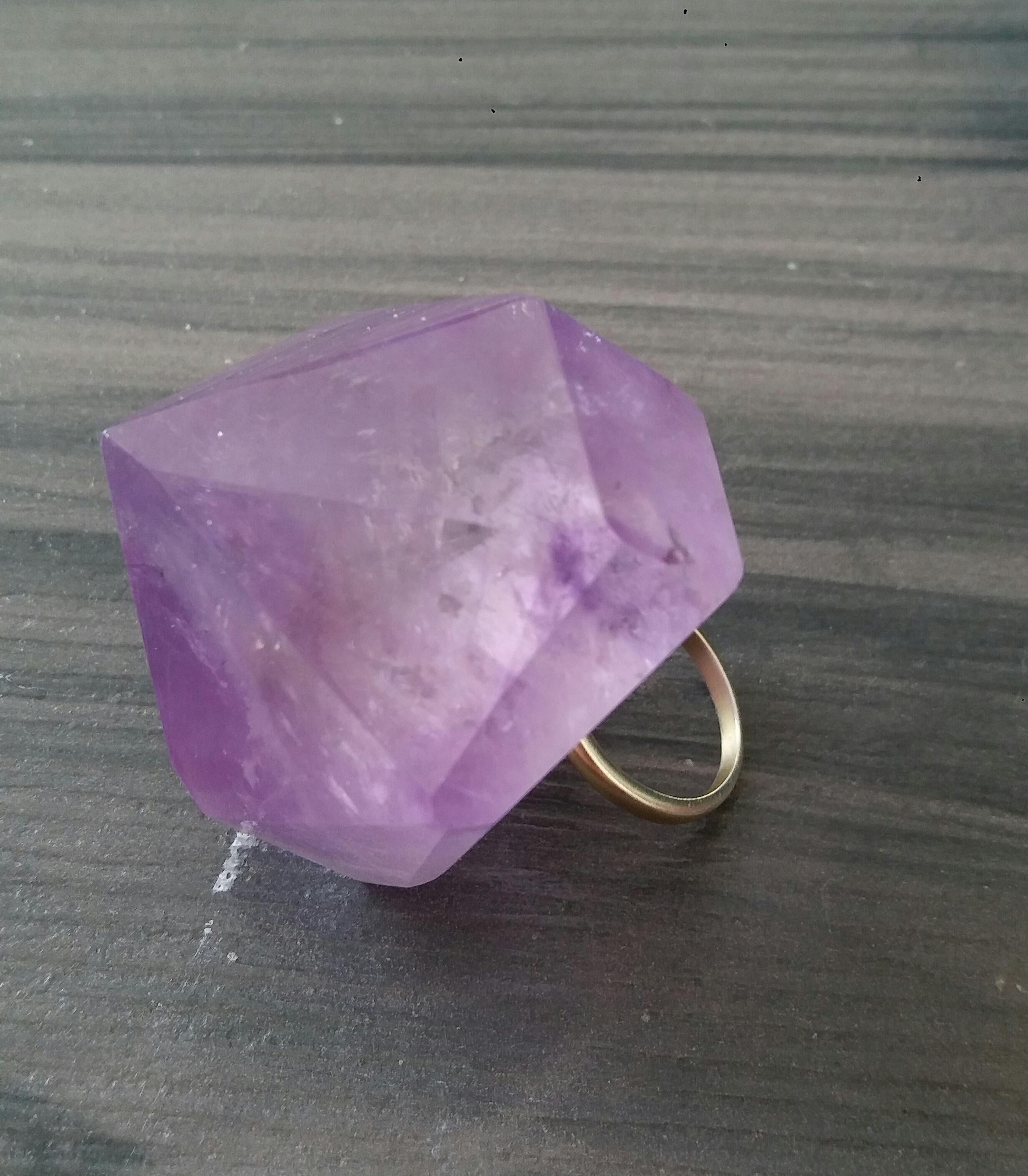 Rough Cut Genuine 343 Carats Amethyst Crystal 14K Solid Yellow Gold Fashion Ring For Sale