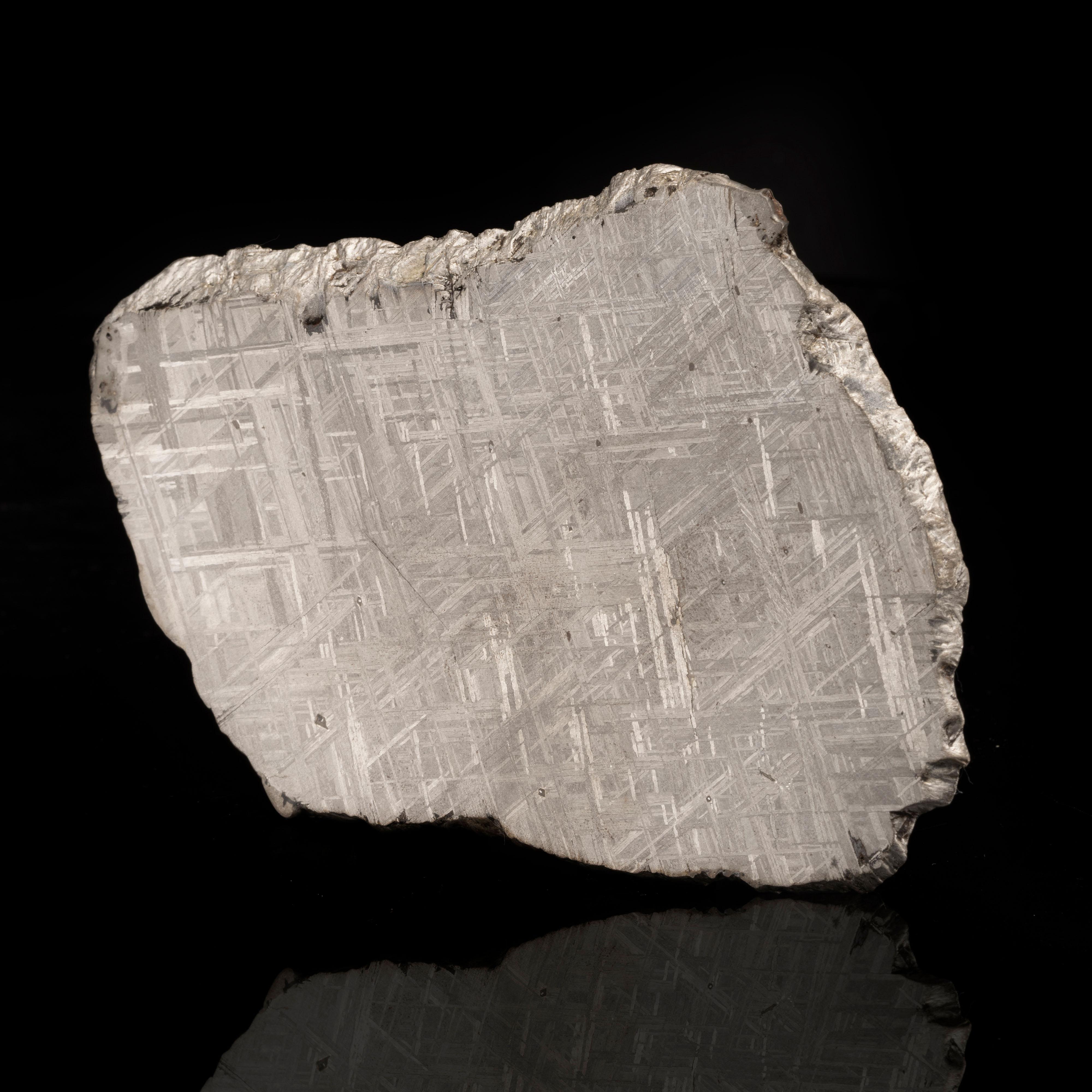 Cette impressionnante tranche de 362 grammes illustre la beauté de la météorite Muonionalusta. Elle a été tranchée et polie pour mettre en valeur la gravure naturelle formée lorsque la Nature est entrée dans l'atmosphère. Muonionalusta est une