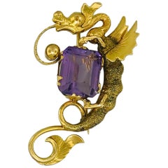 Genuine 4 Carat Purple Amethyst Gemstone Yellow Gold Ornate Dragon Pin Brooch