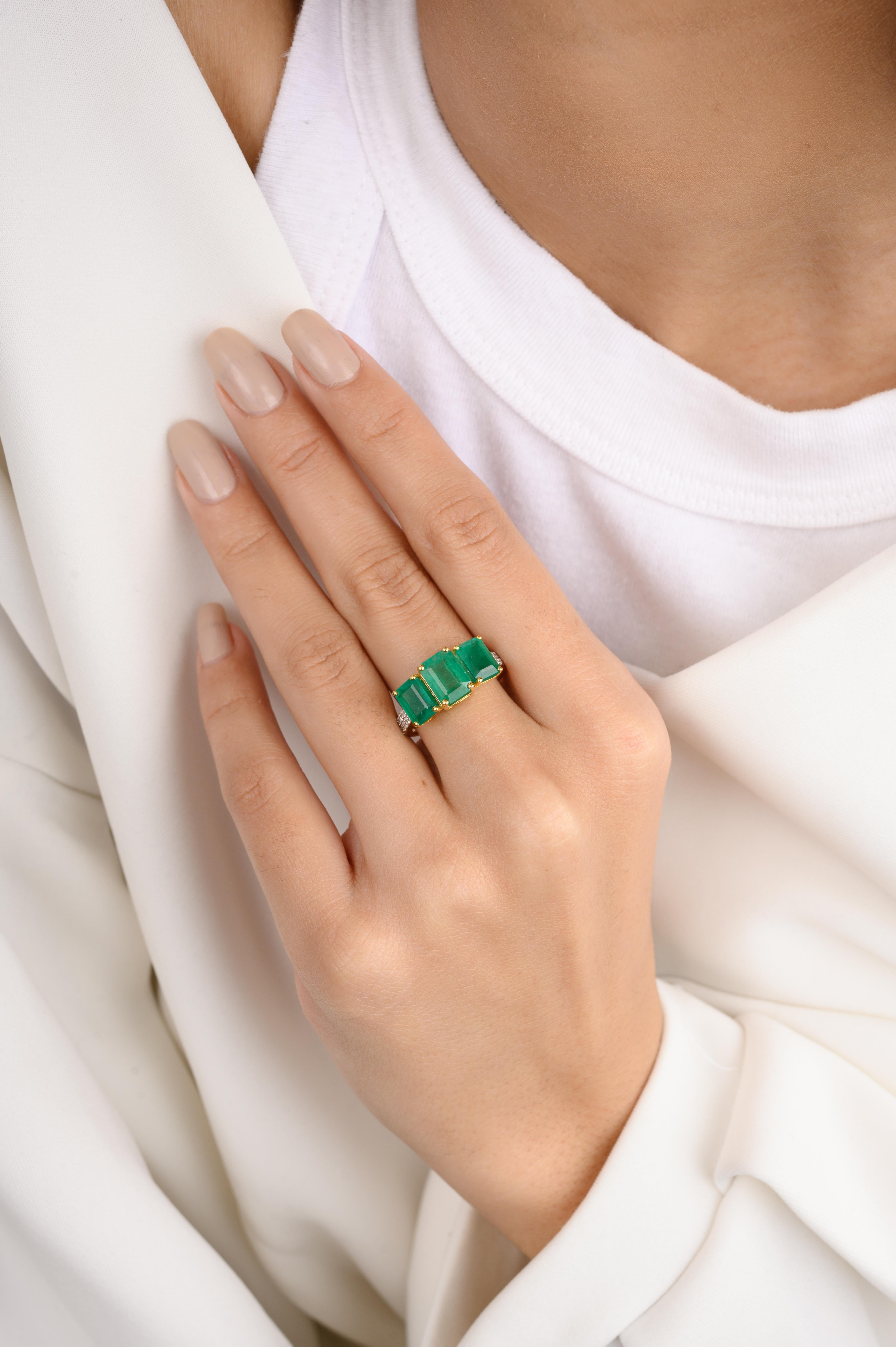 For Sale:  4.14 CTW Three Stone Genuine Emerald Ring with Diamonds in 18k Yellow Gold  2
