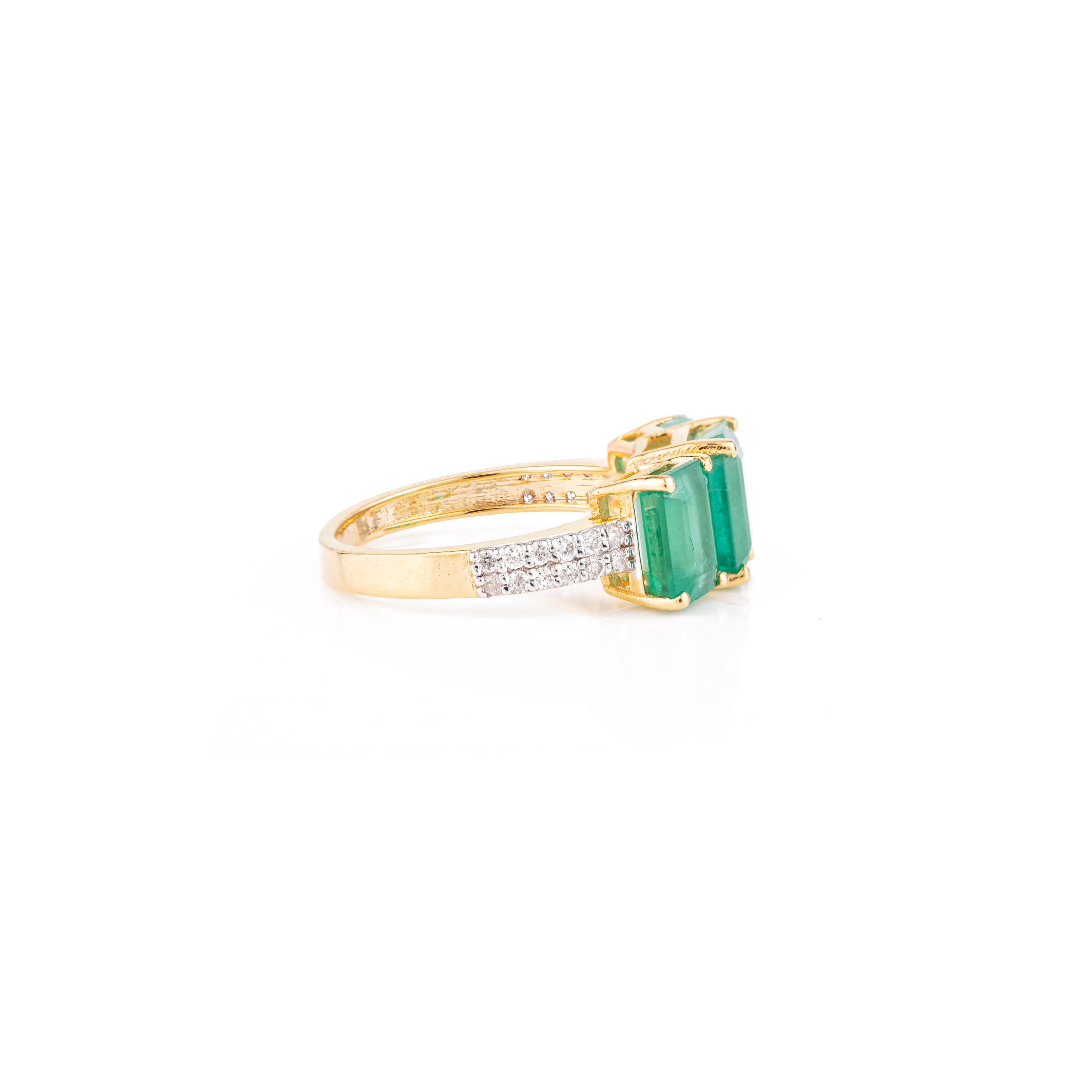 For Sale:  4.14 CTW Three Stone Genuine Emerald Ring with Diamonds in 18k Yellow Gold  4