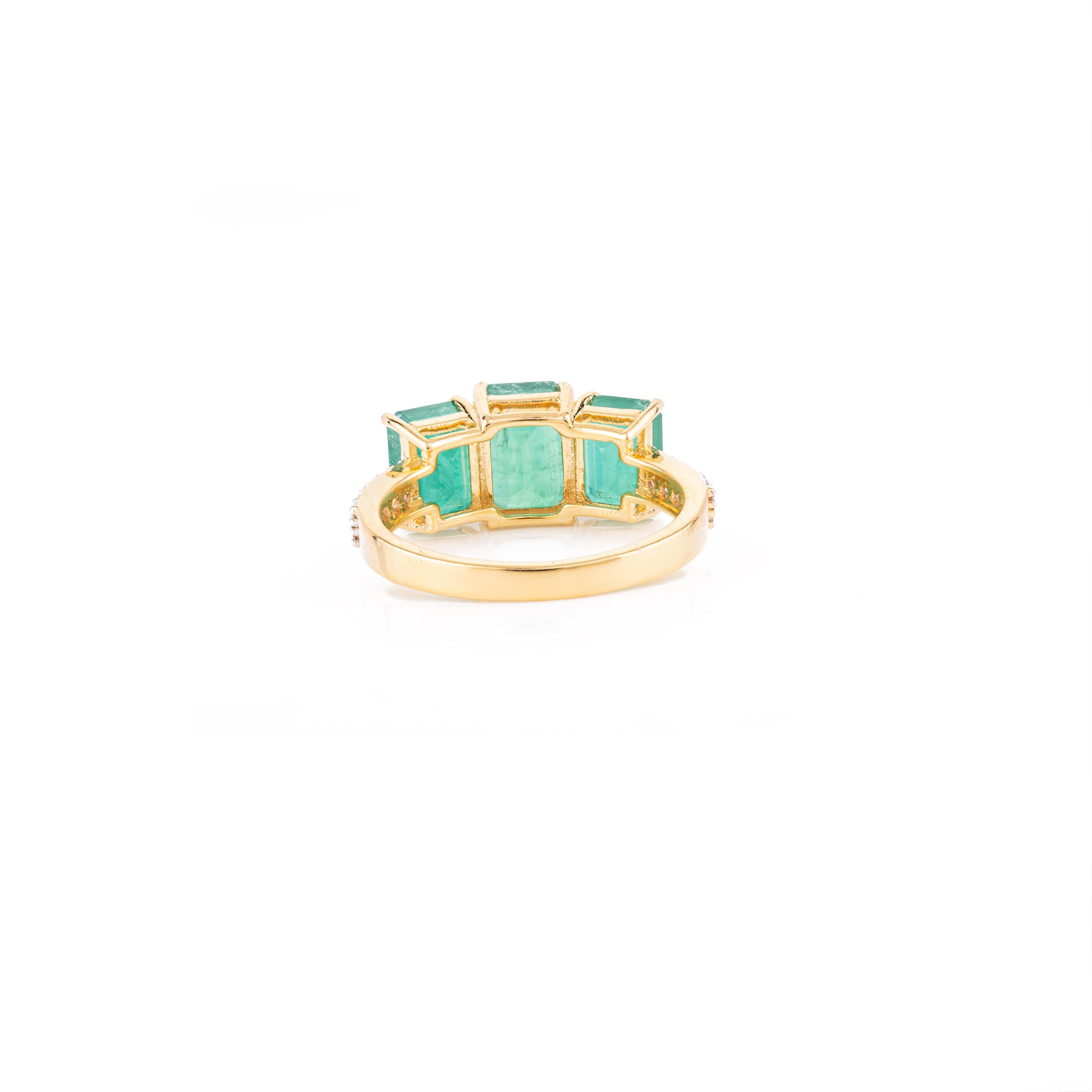 For Sale:  4.14 CTW Three Stone Genuine Emerald Ring with Diamonds in 18k Yellow Gold  6