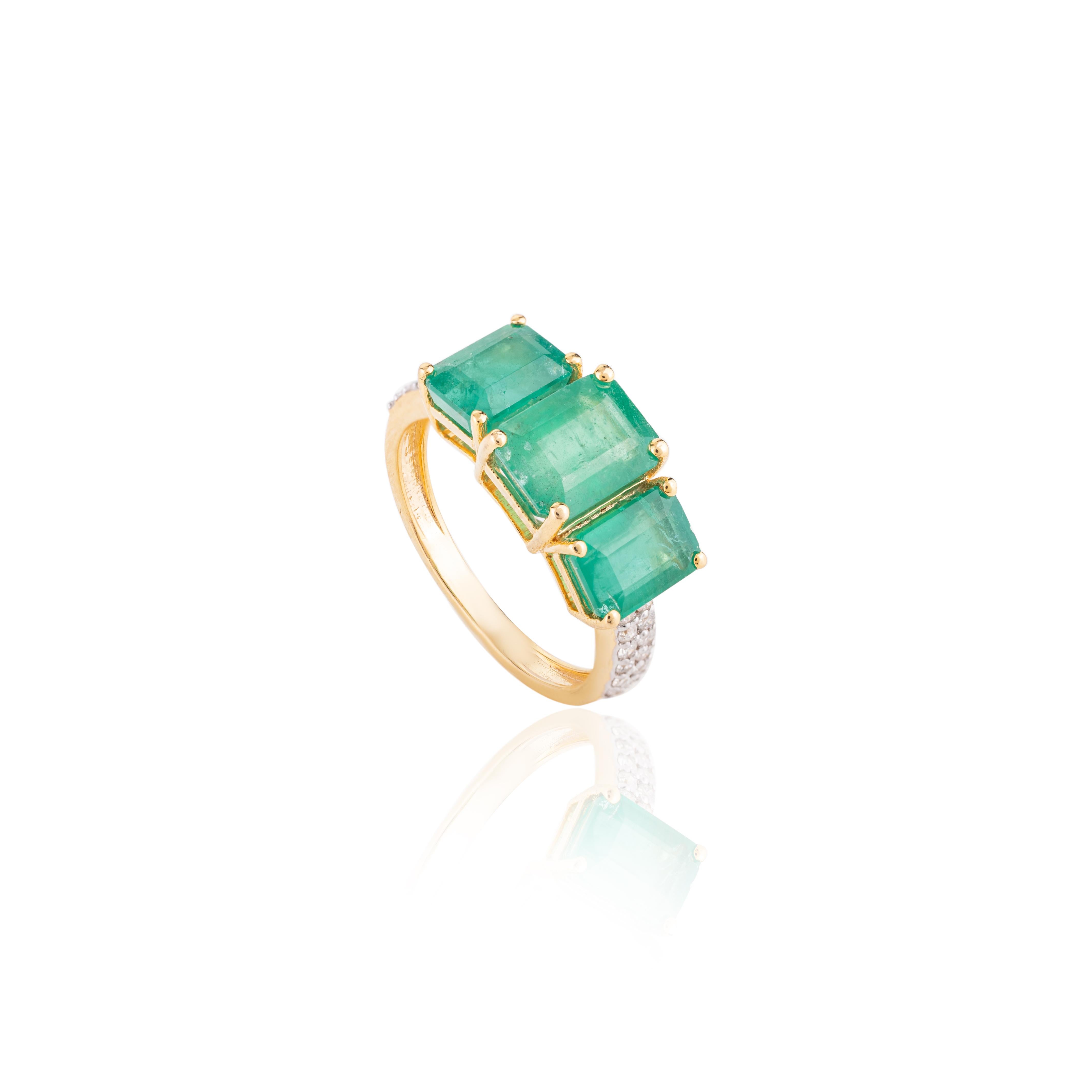 For Sale:  4.14 CTW Three Stone Genuine Emerald Ring with Diamonds in 18k Yellow Gold  7