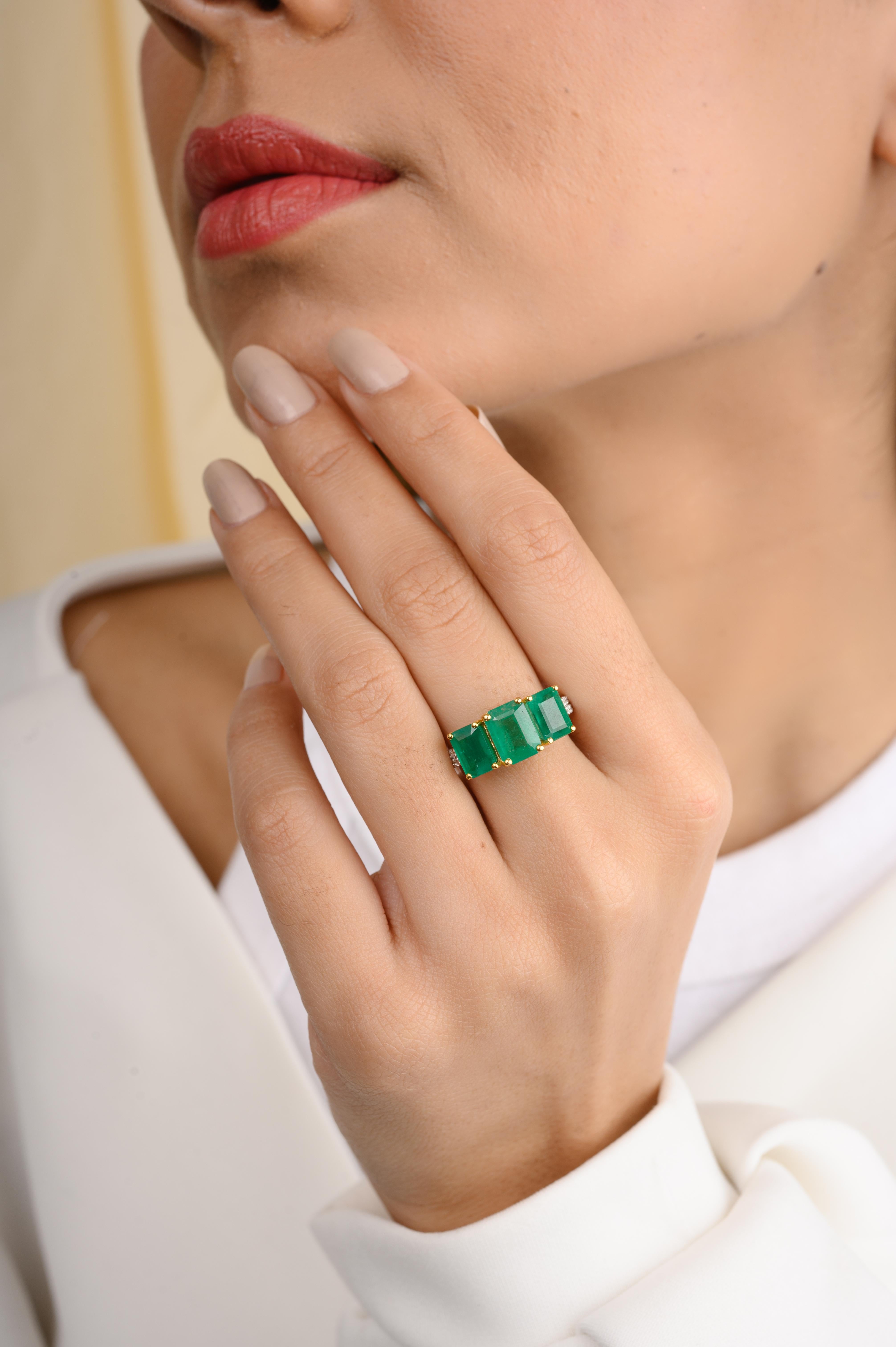For Sale:  4.14 CTW Three Stone Genuine Emerald Ring with Diamonds in 18k Yellow Gold  5