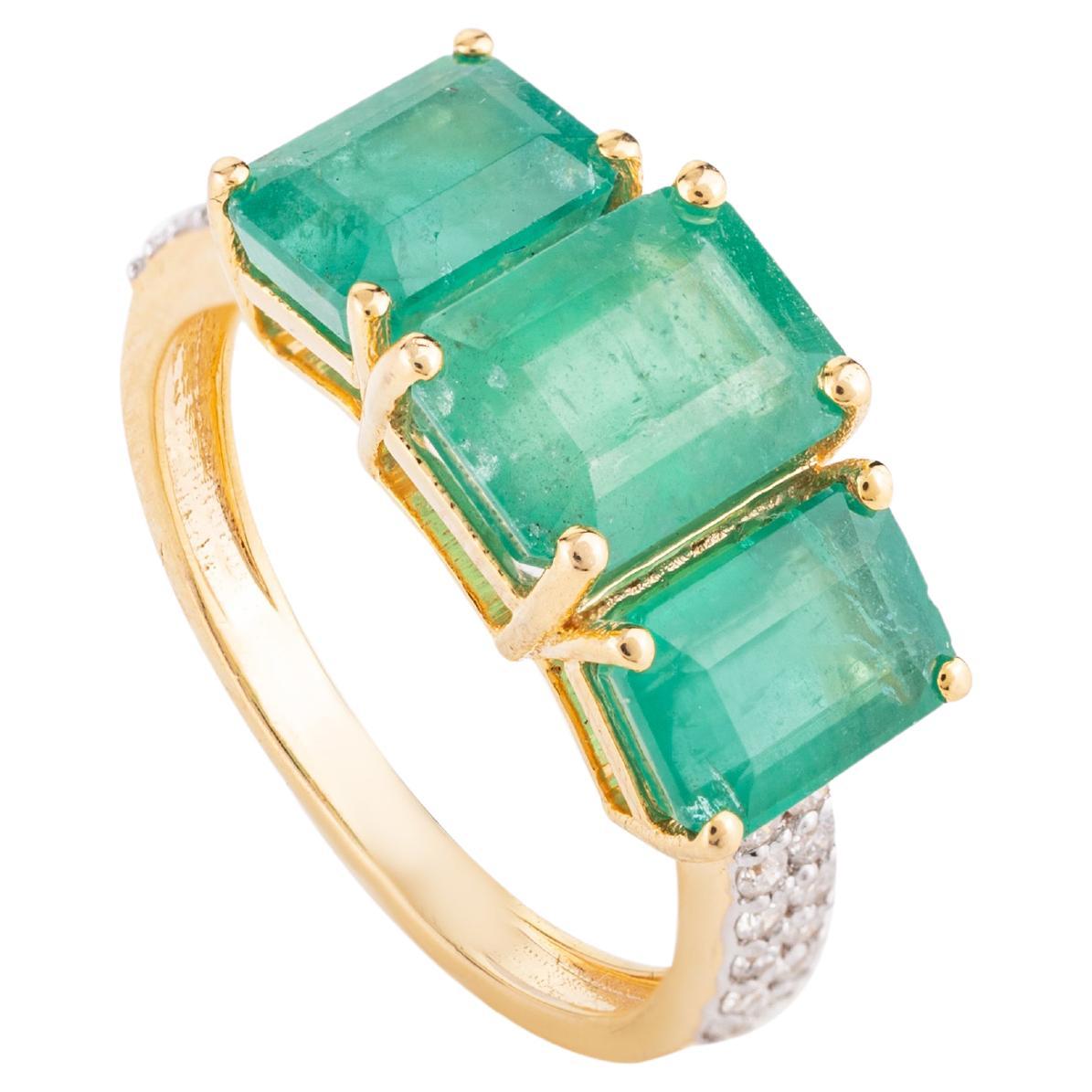 For Sale:  4.14 CTW Three Stone Genuine Emerald Ring with Diamonds in 18k Yellow Gold
