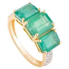 4.14 CTW Three Stone Genuine Emerald Ring with Diamonds in 18k Yellow Gold 