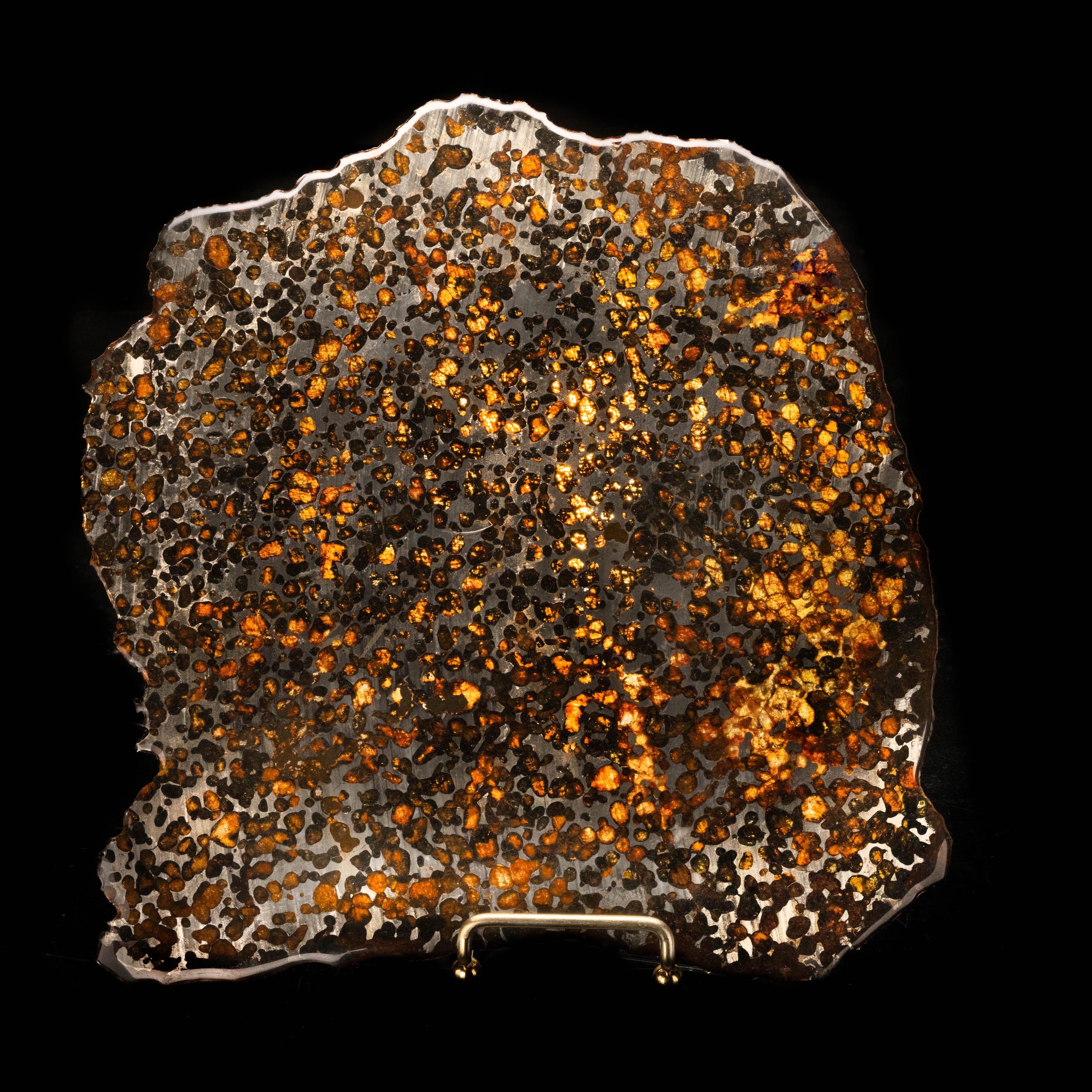 This luminous 536 gram Sericho pallasite meteorite slice dates back approximately 4.5 billion years and was discovered in Kenya. The stony-iron meteorites were first identified as such in 2016; the shower is thought to have occurred decades ago,