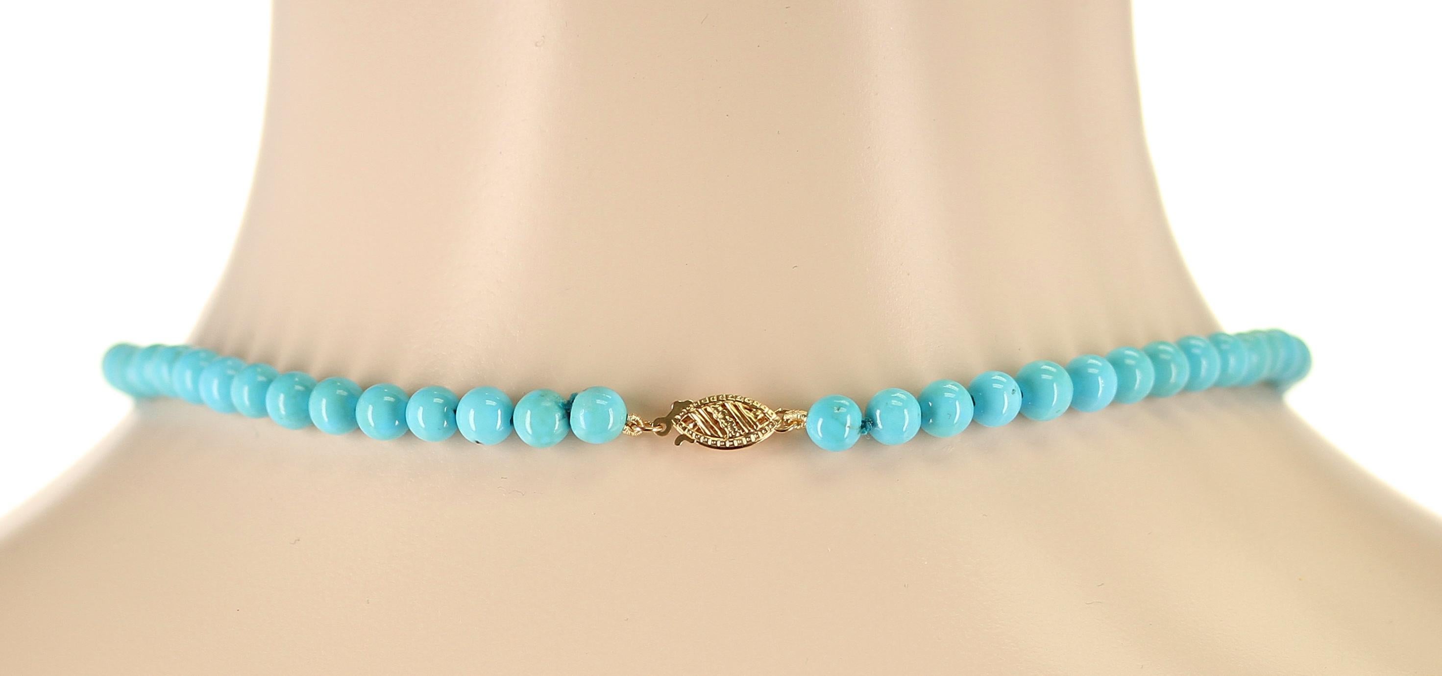 A Genuine 6MM Round Turquoise Beads Necklace in 14K Yellow Clasp. The length is 16.25