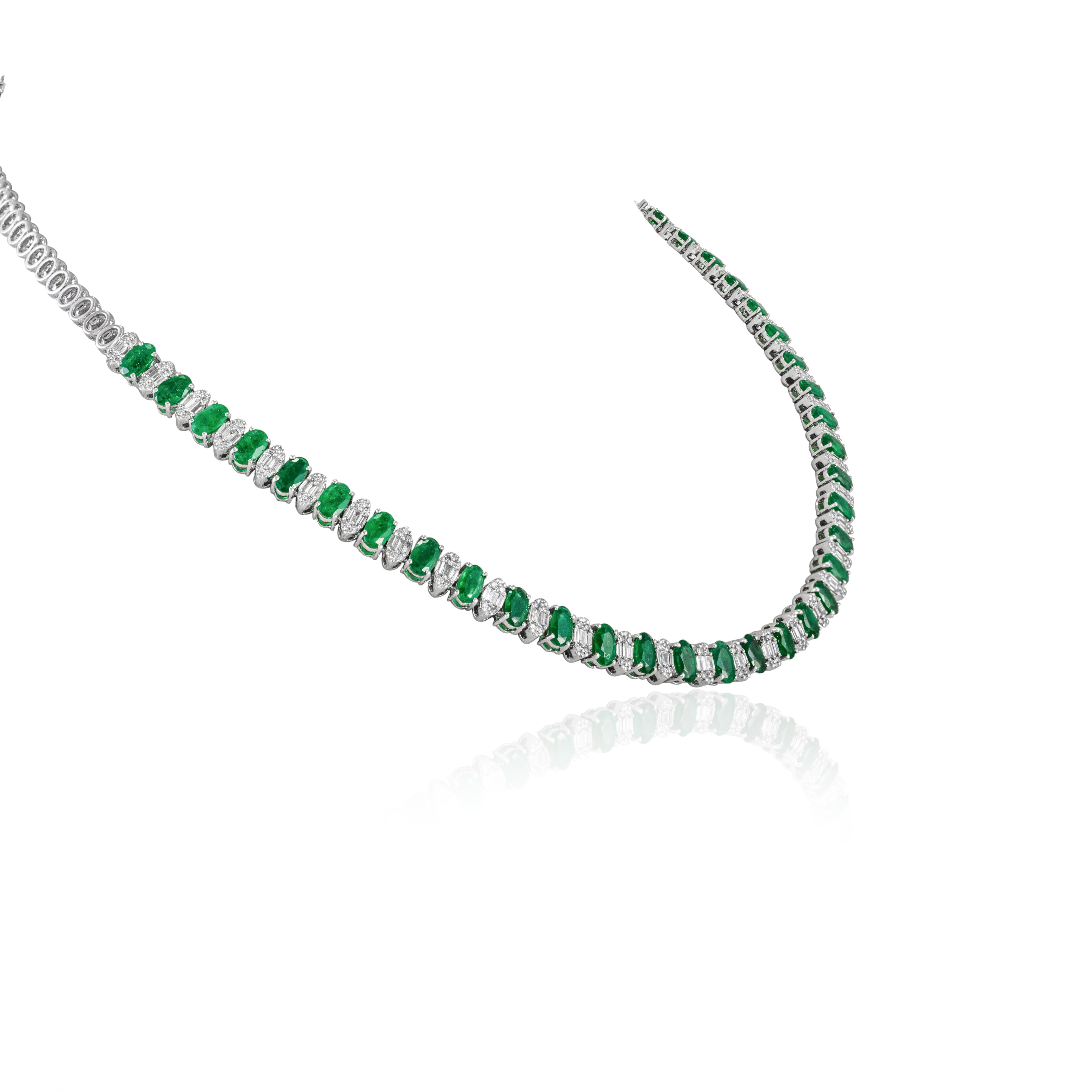 Art Deco Genuine 7.73 Ct Emerald Diamond Tennis Necklace 18k White Gold, Grandma Gift For Sale