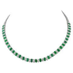 Antique Genuine 7.73 Ct Emerald Diamond Tennis Necklace 18k White Gold, Grandma Gift