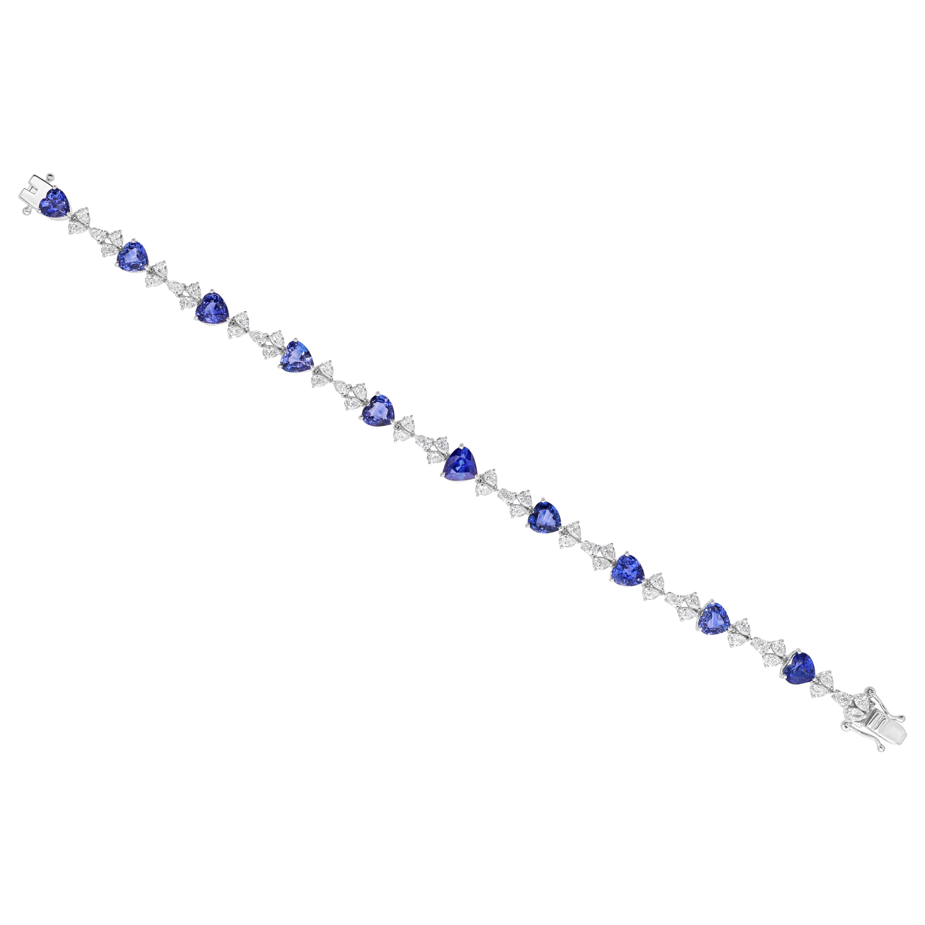 Genuine 9.66 CT Blue Sapphire SI/H Diamond Bracelet 14k Solid White Gold