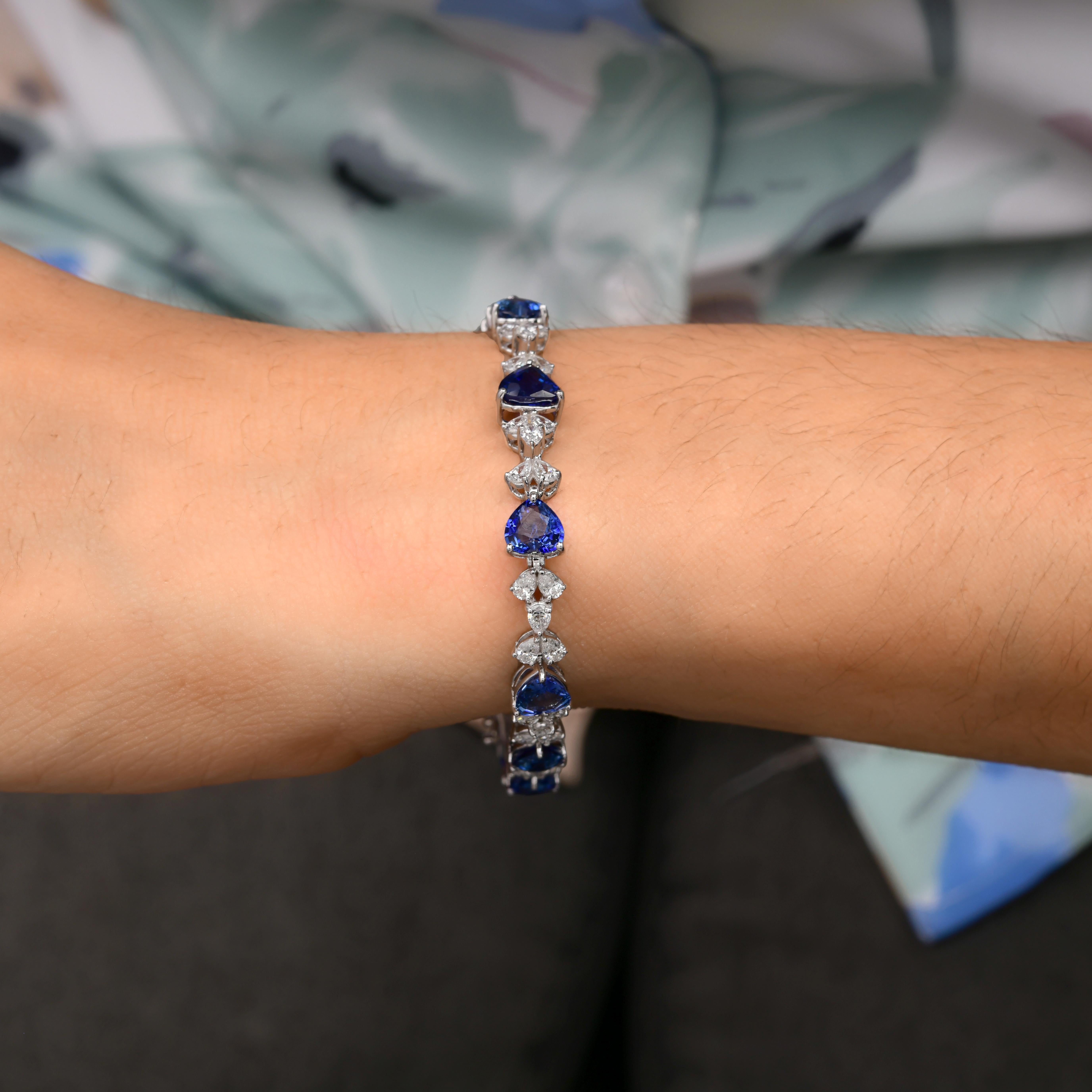 Echt 9,66 CT Blauer Saphir SI/H Diamant Armband 18k Massiv Weißgold (Art nouveau) im Angebot